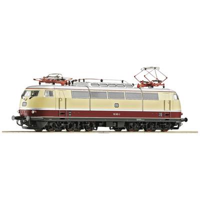 Un modèle d'une locomotive électrique allemande à la peinture crème et rouge, vue de côté, avec des caténaires et un châssis détaillés.