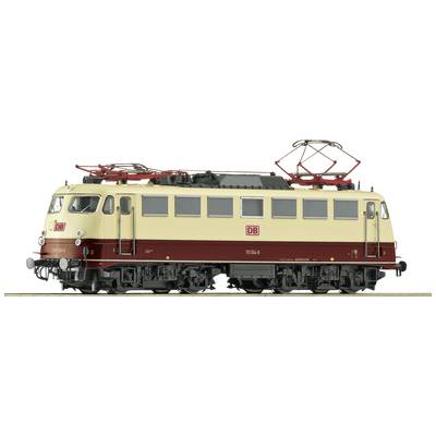 Un modèle d'une locomotive électrique allemande, de couleur crème avec une bande rouge, vue de profil.
