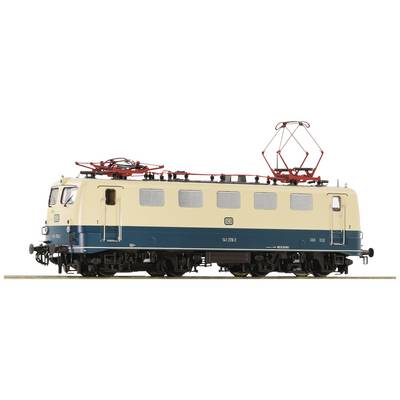 Locomotive électrique en peinture beige et bleue. Vue latérale, avec des pantographes rouges et le logo DB.