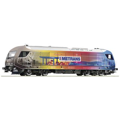 Une locomotive colorée de l'entreprise Metrans décorée d'images de conteneurs et de grues, symbolisant le transport de marchandises et la logistique.