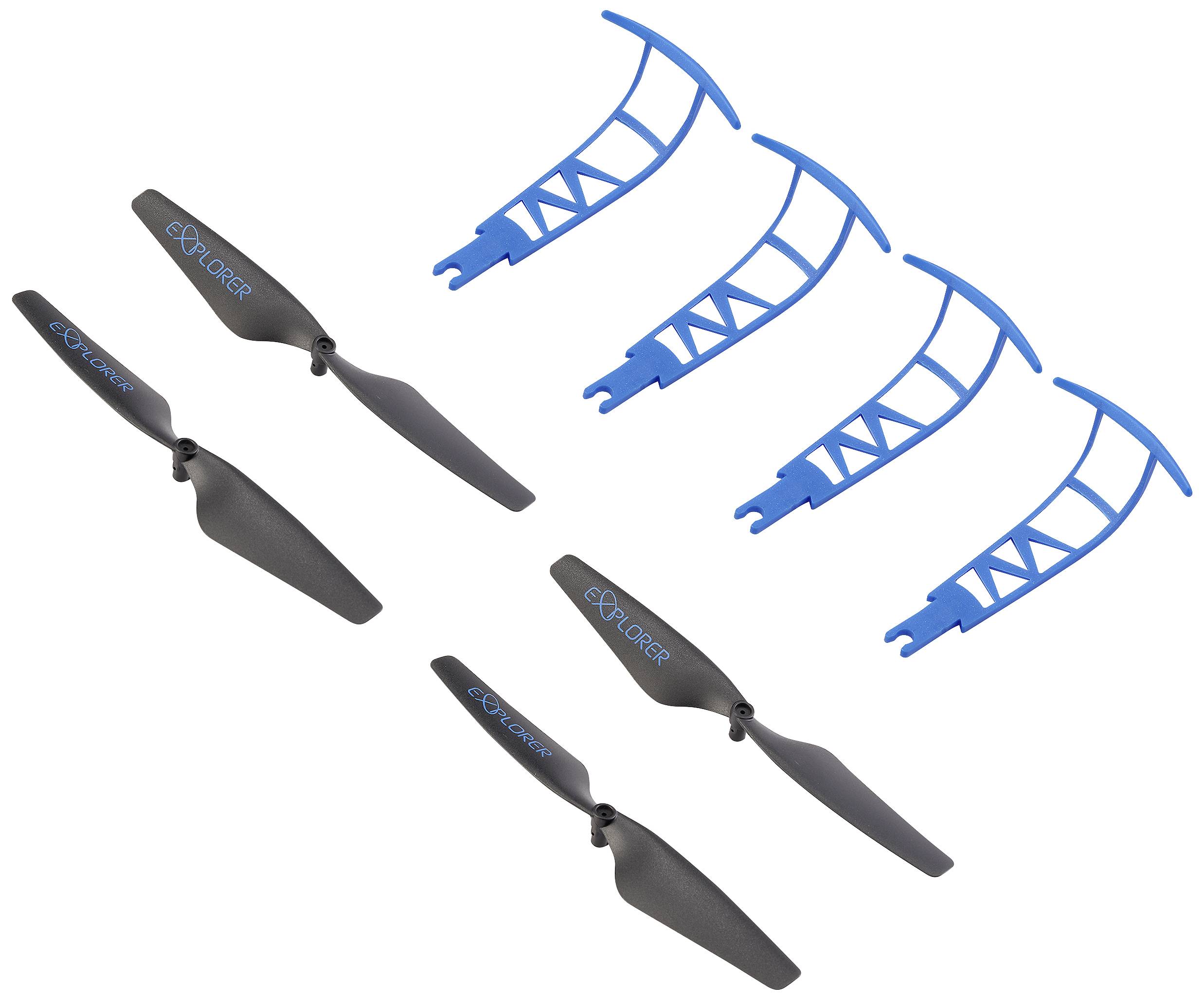 'Hélices de rechange et dispositifs de protection pour drone, composés de quatre hélices noires et de quatre protège-hélices bleus.'