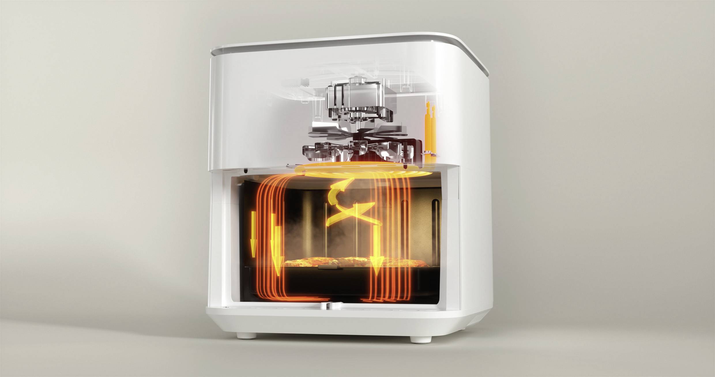 Un imprimante 3D blanc imprime un objet orange vif. Il est posé sur une surface simple.