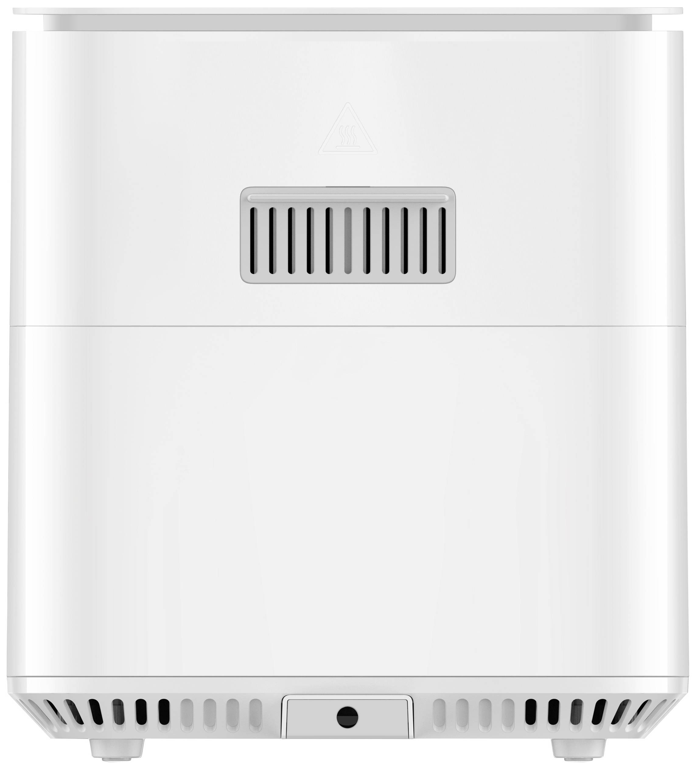 Purificateur d'air blanc avec des fentes de ventilation et un bouton de commande en bas, vue de face.