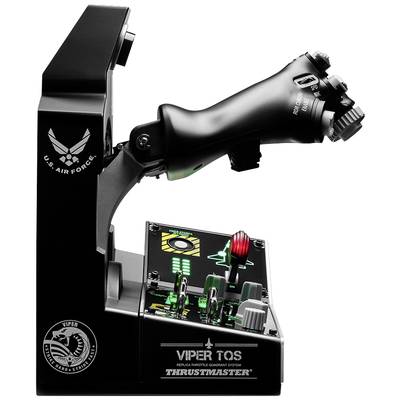 Système de commande de joystick avec boutons et leviers. Marquage 'U.S. Air Force' et 'Thrustmaster'. Développé pour les simulations de vol.