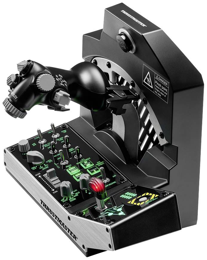 Quadrant des gaz de simulateur de vol avec leviers, boutons et régulateurs. L'appareil est noir avec des voyants de contrôle lumineux verts et rouges.