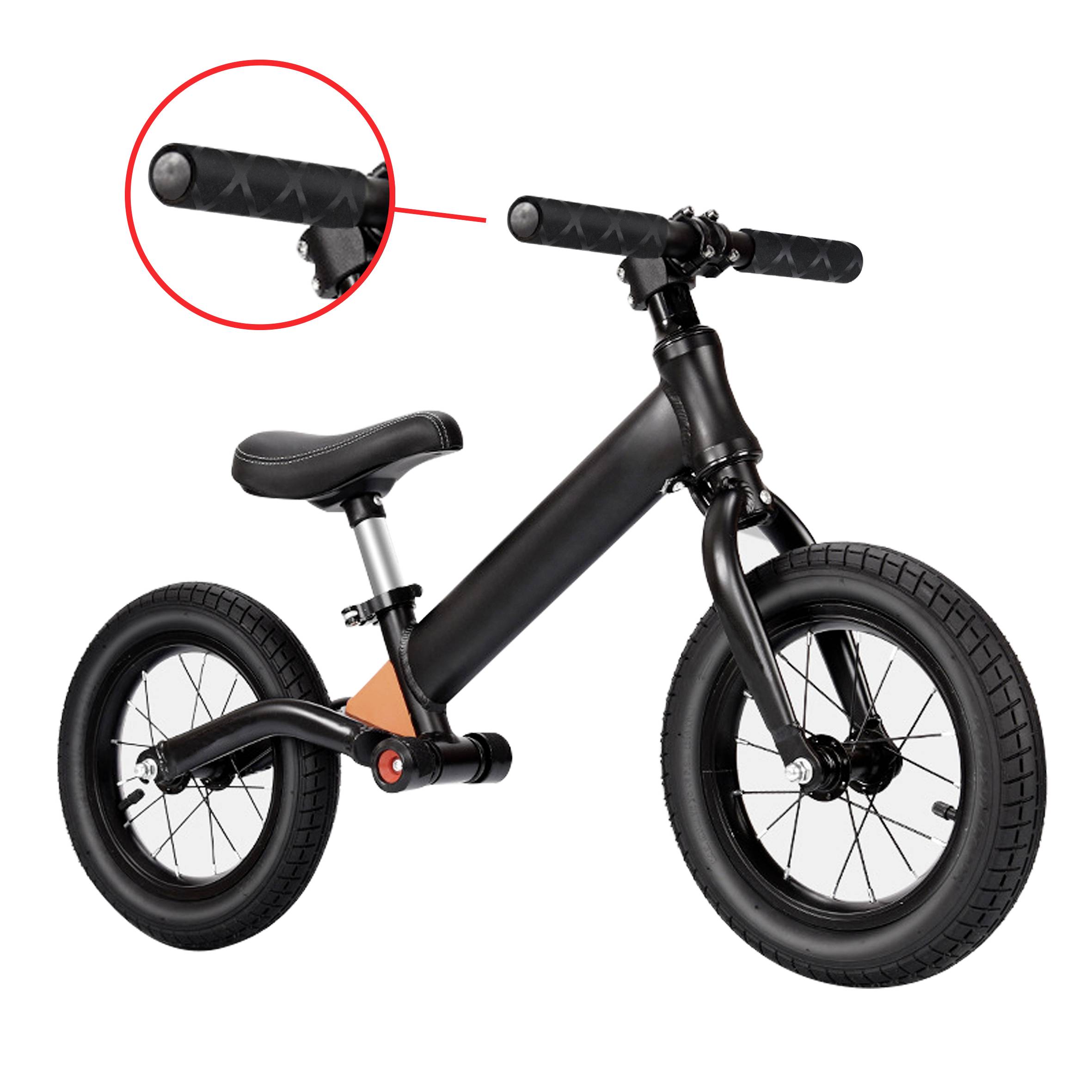 Un vélo noir à pneus larges avec un siège réglable. Un cercle rouge met en valeur la poignée du guidon.