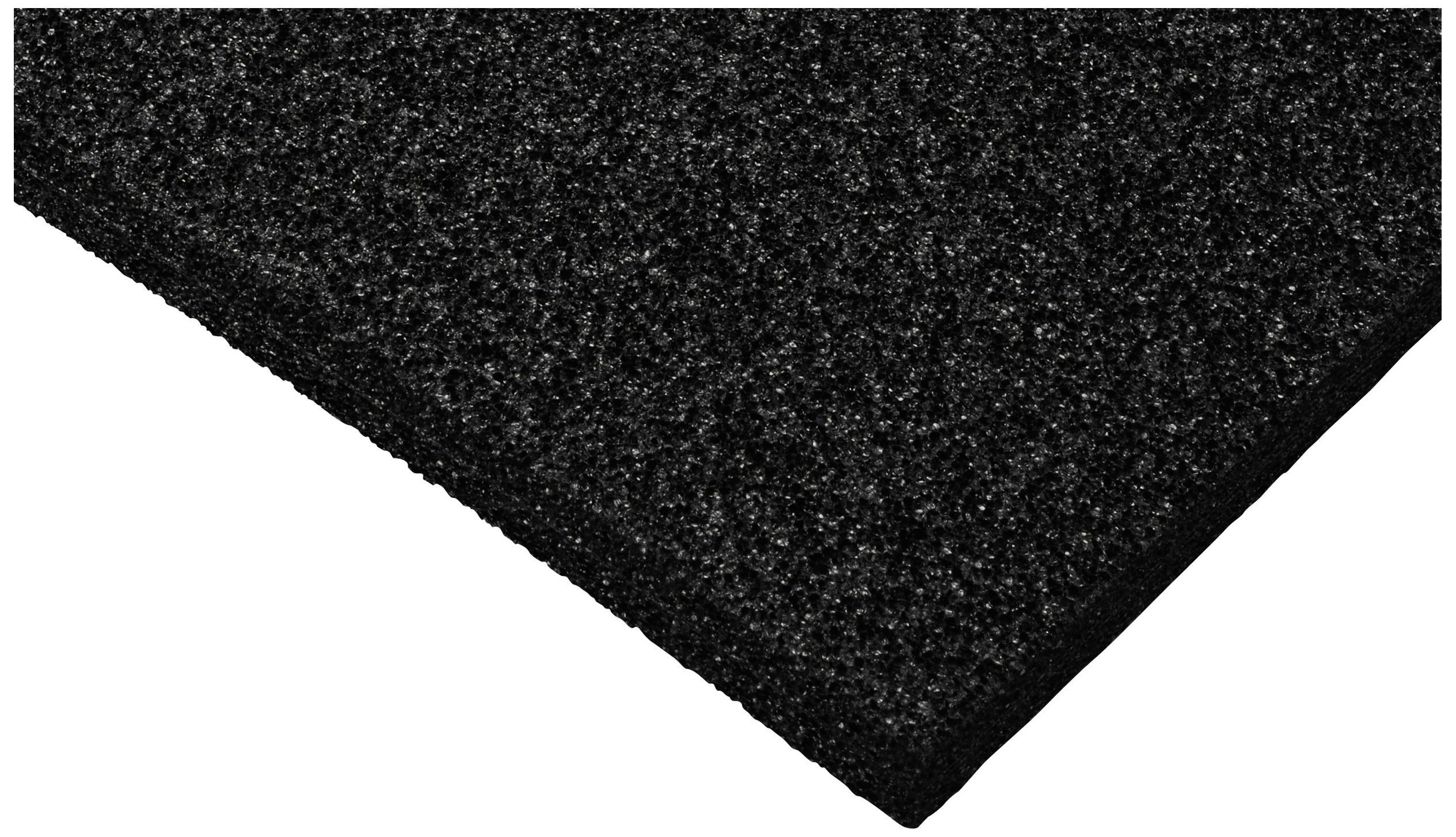 Tapis de caoutchouc noir à surface texturée et bords biseautés, adapté aux applications industrielles ou sportives.