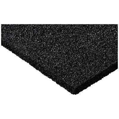 Tapis en caoutchouc noir à surface rugueuse, rectangulaire et fin, légèrement pris en perspective du côté.