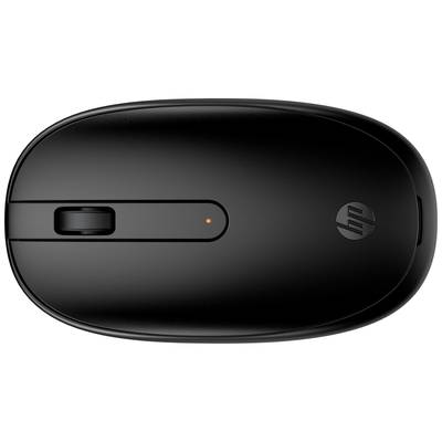 Souris d'ordinateur sans fil noire avec une molette de défilement et une petite lumière orange.