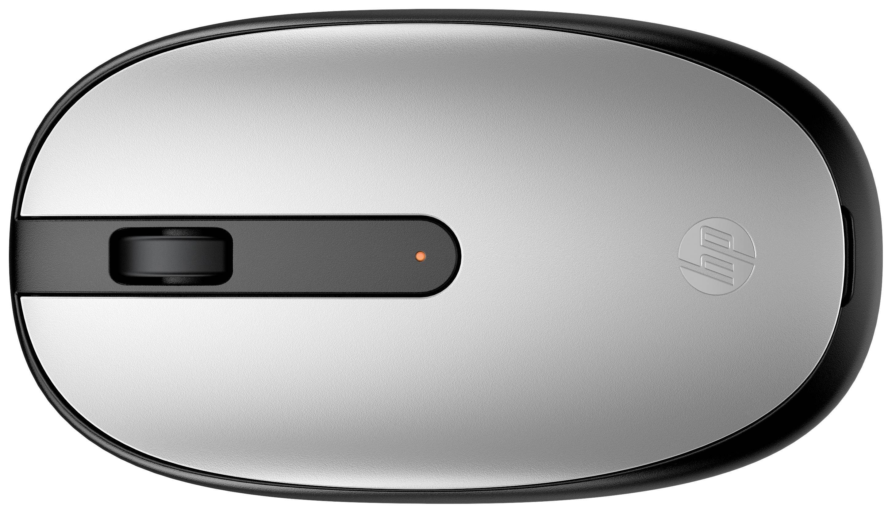 Souris d'ordinateur argentée, sans fil, avec molette de défilement noire et logo fermé. Design minimaliste, adaptée à la main droite.