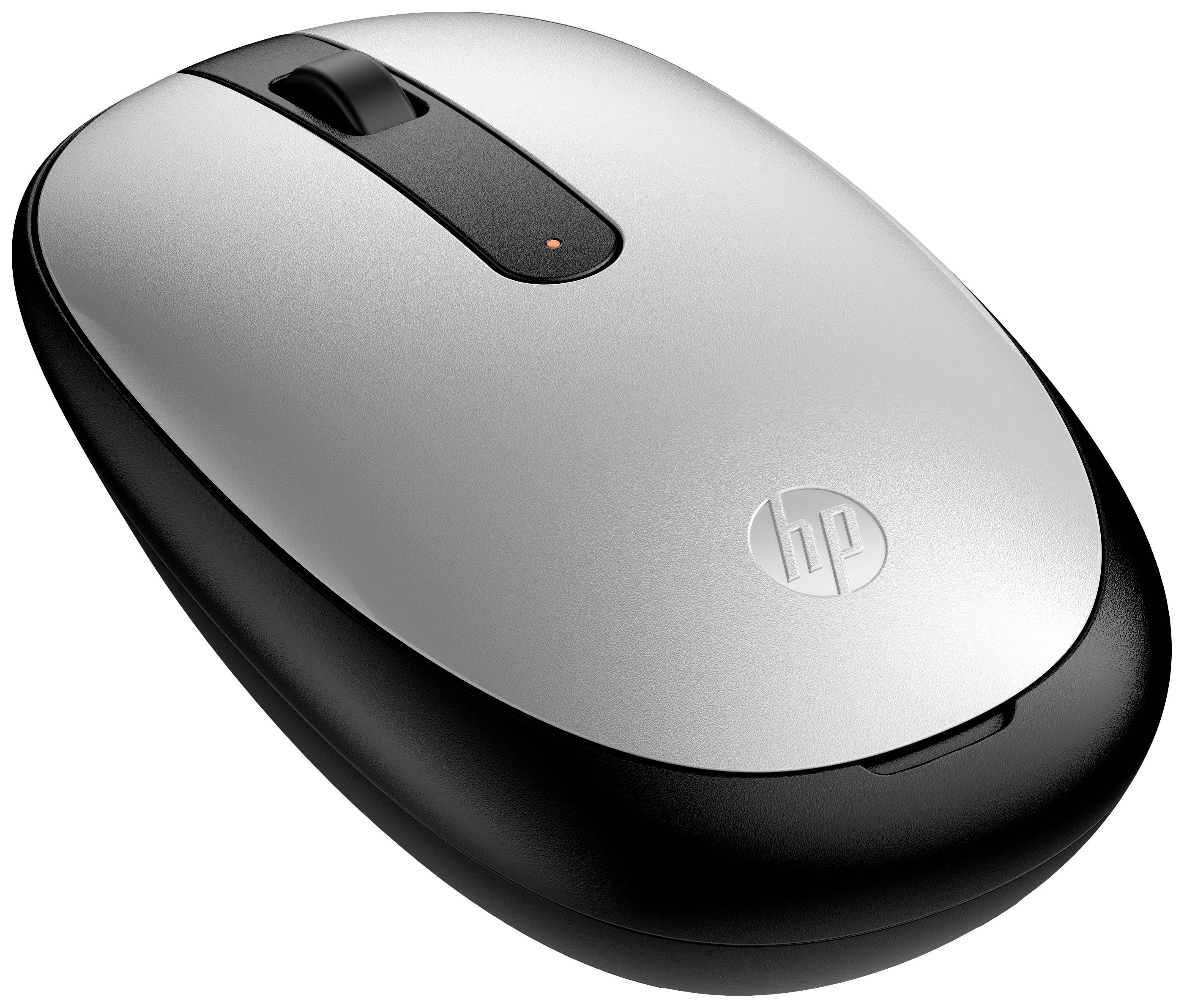 Une souris HP sans fil avec un dessus argenté et un bord noir, une molette de défilement visible et un petit indicateur rouge sur le dessus.