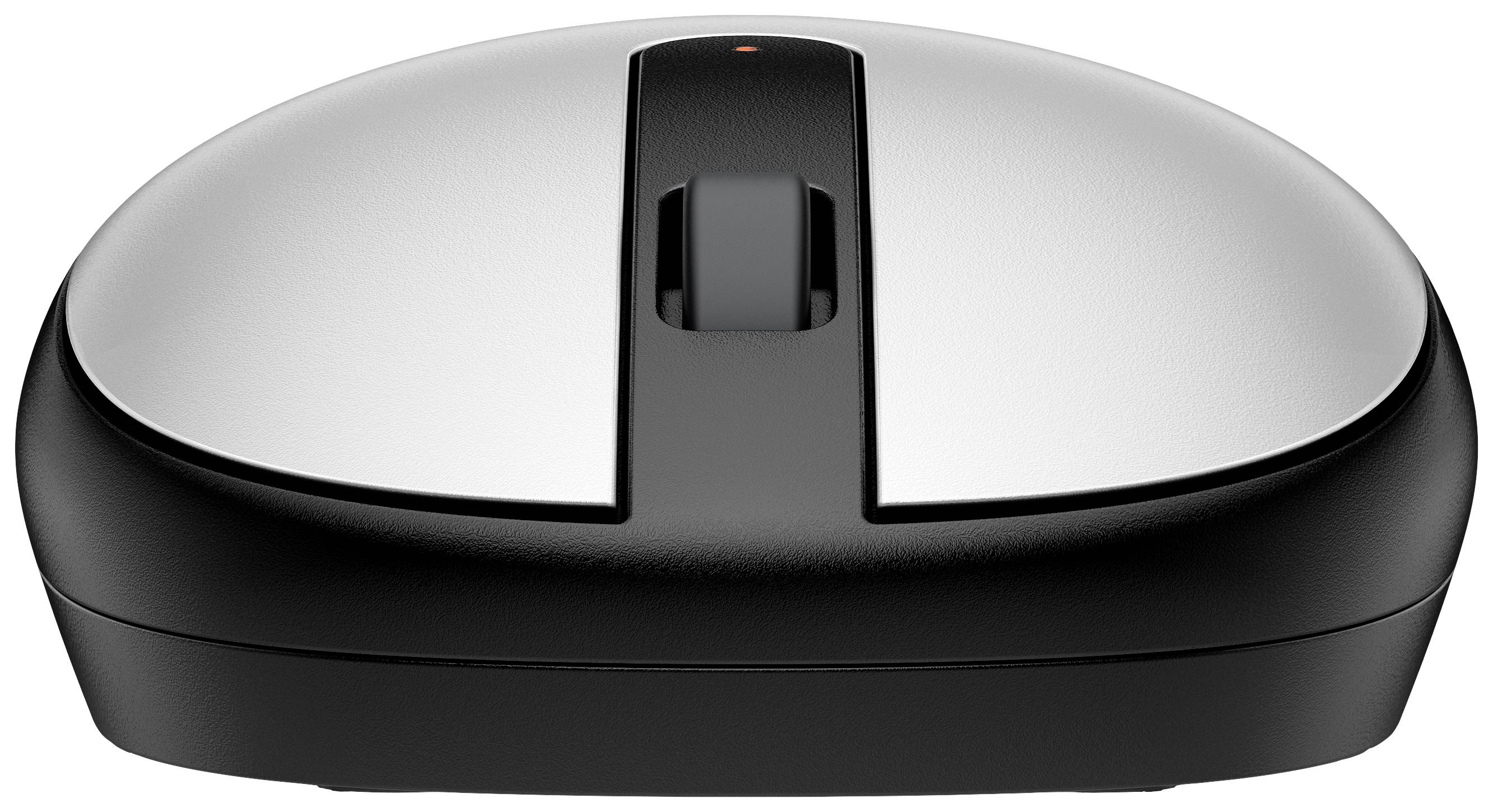 Souris d'ordinateur avec partie supérieure argentée et bordure noire, molette de défilement centrée au milieu.