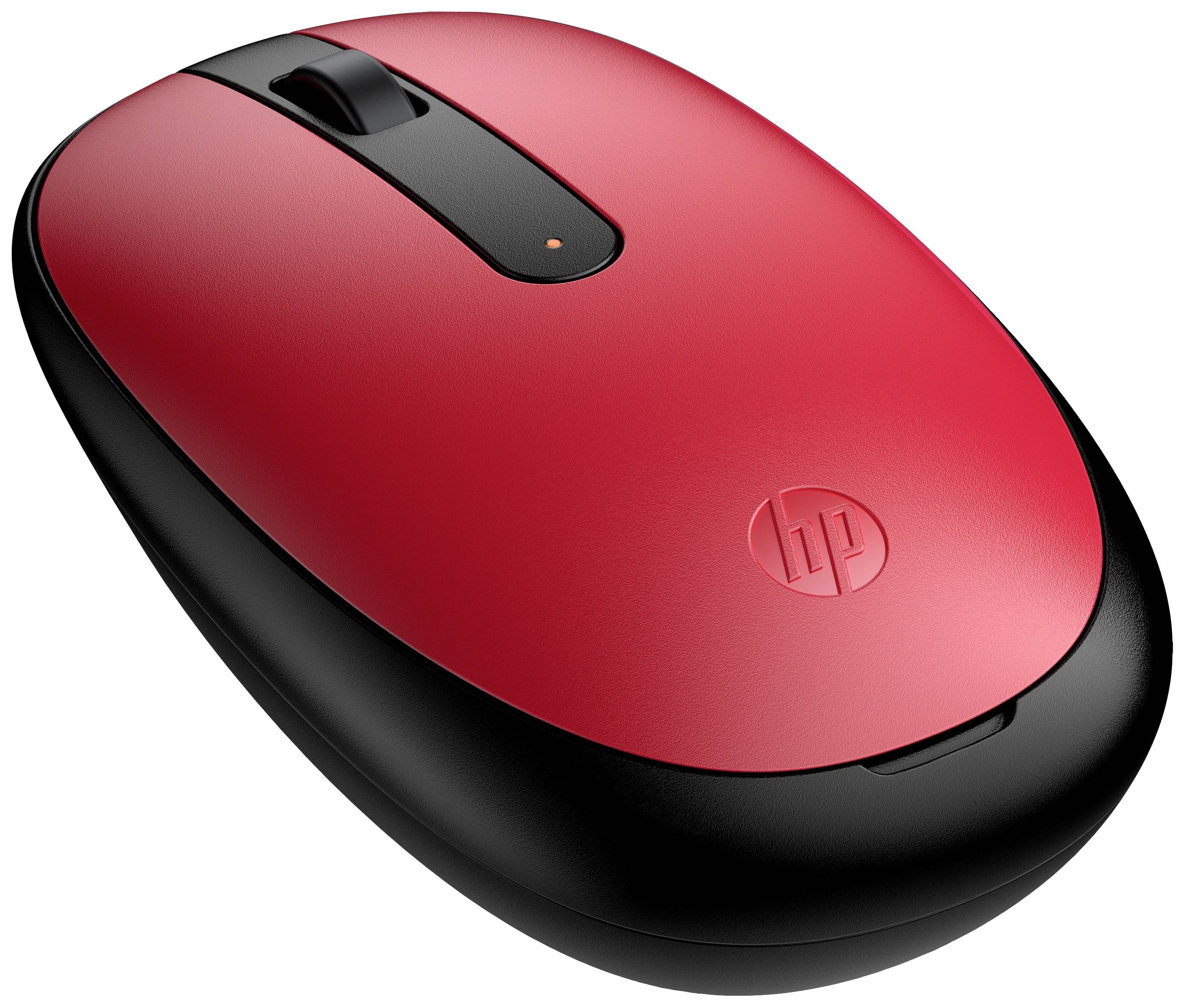 Une souris d'ordinateur sans fil rouge et noire avec le logo HP, présentant des boutons et une molette de défilement pour une utilisation sur PC.