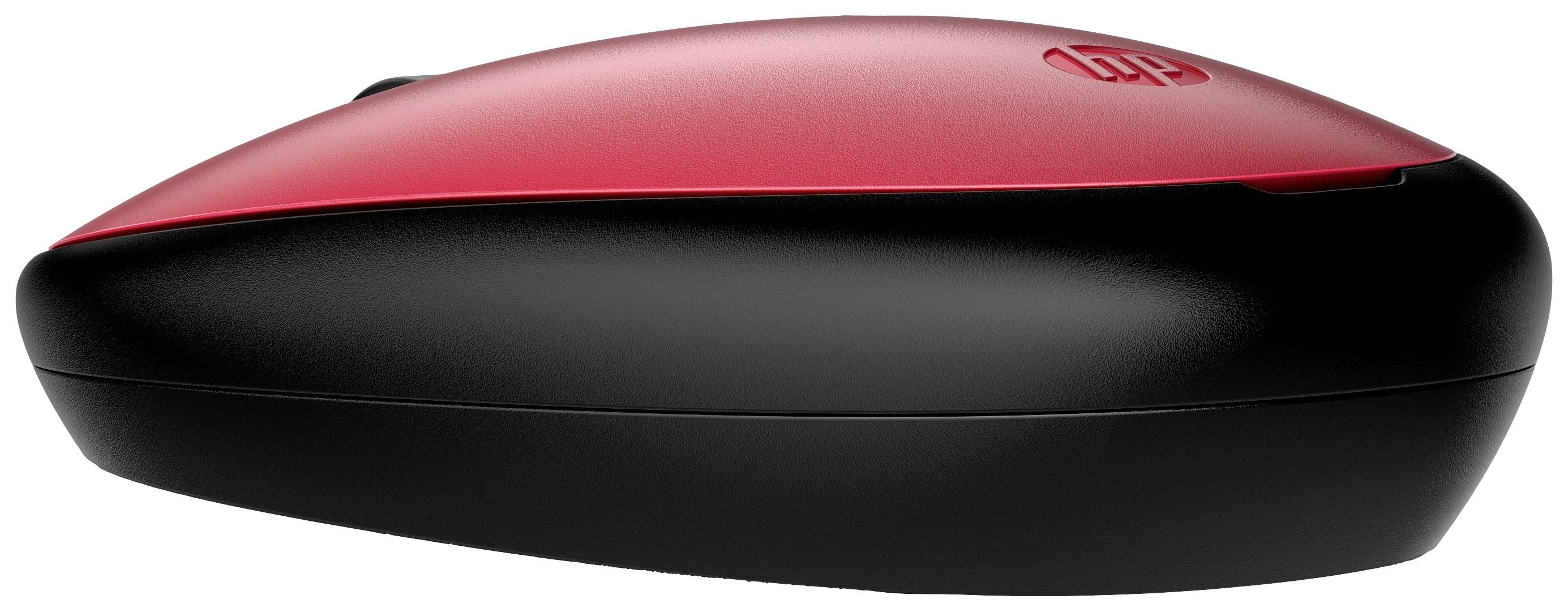 Souris d'ordinateur sans fil, rouge et noire, au design incurvé, arborant le logo HP sur sa partie supérieure, vue de côté.