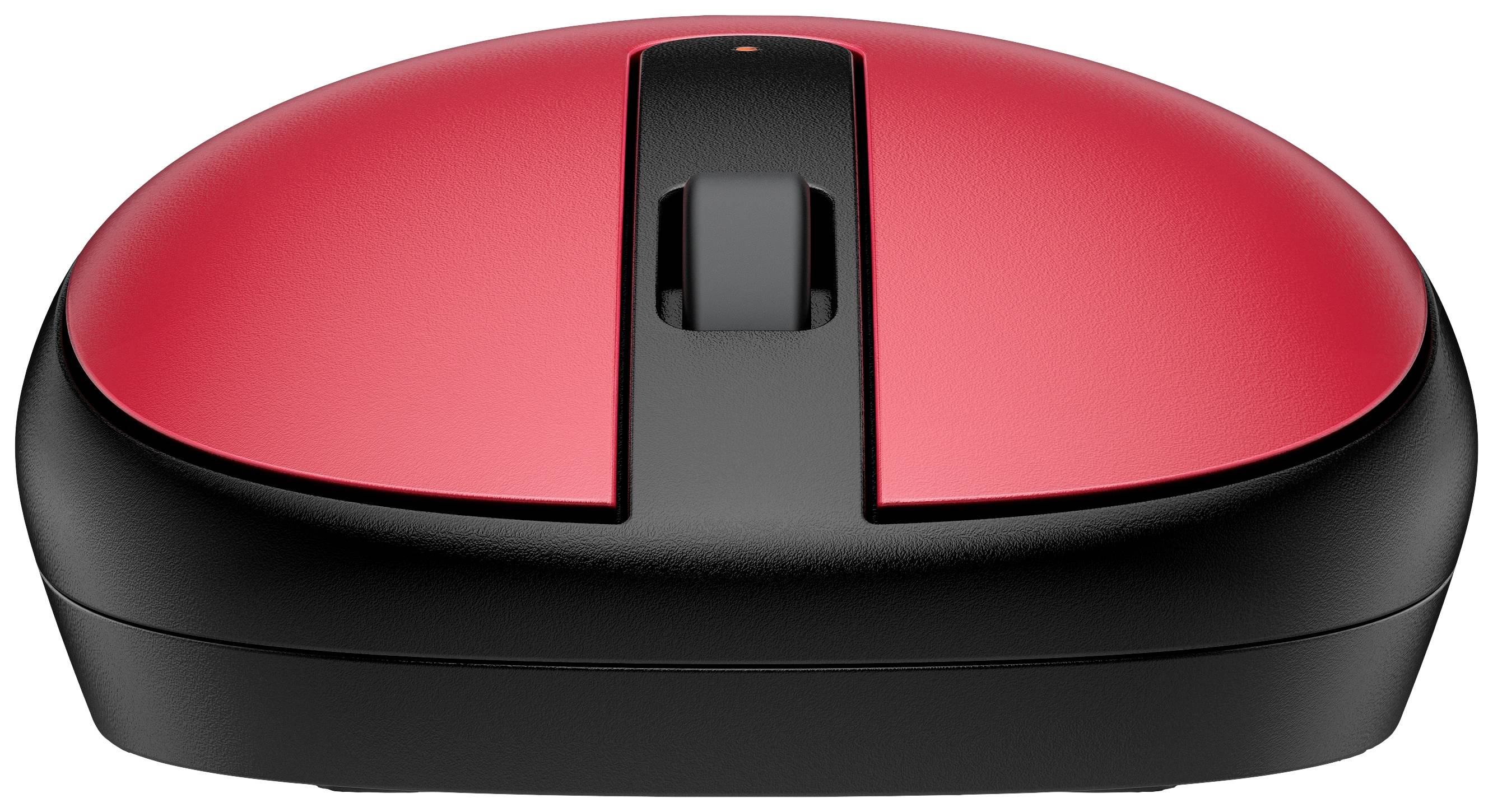 Souris d'ordinateur rouge, sans fil, avec molette de défilement noire, vue de face sur fond blanc.