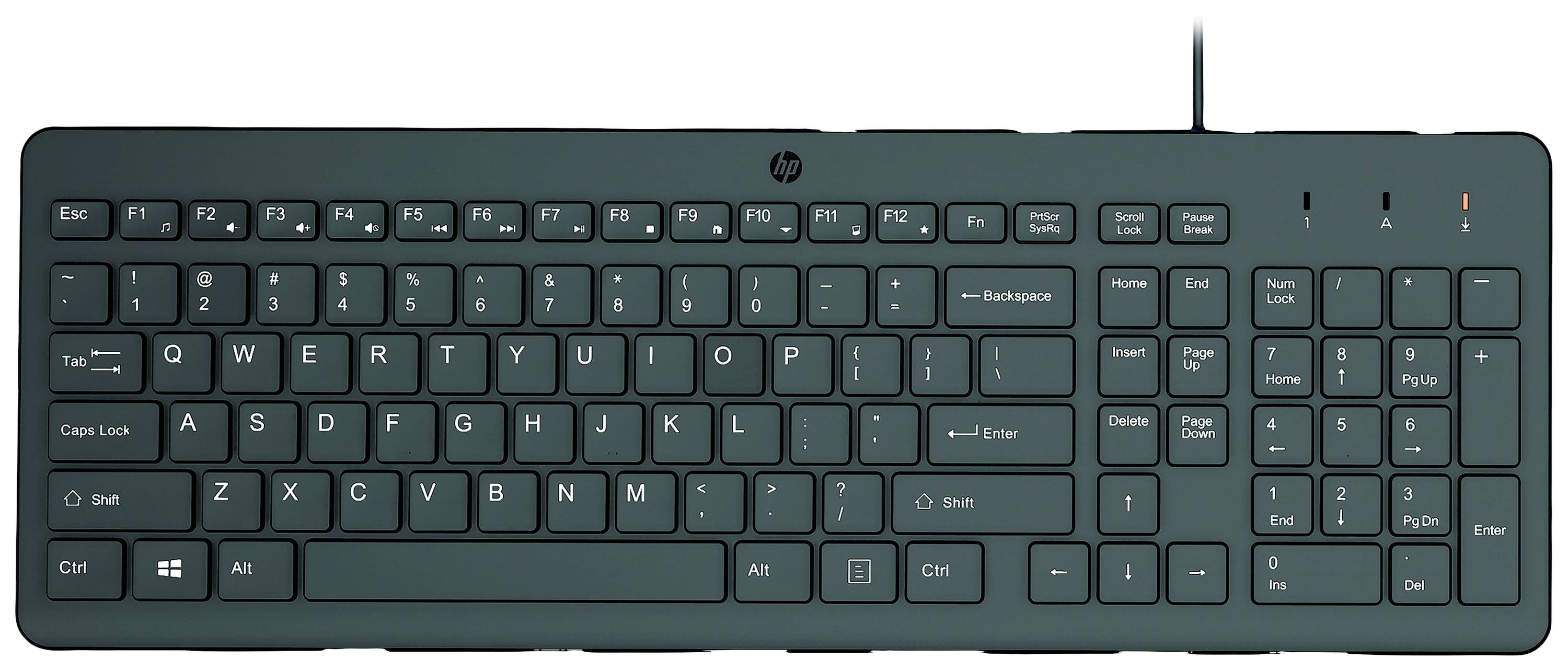 Clavier d'ordinateur noir avec disposition AZERTY, rangée de touches de fonction en haut, pavé numérique à droite et connexion filaire en haut à gauche.