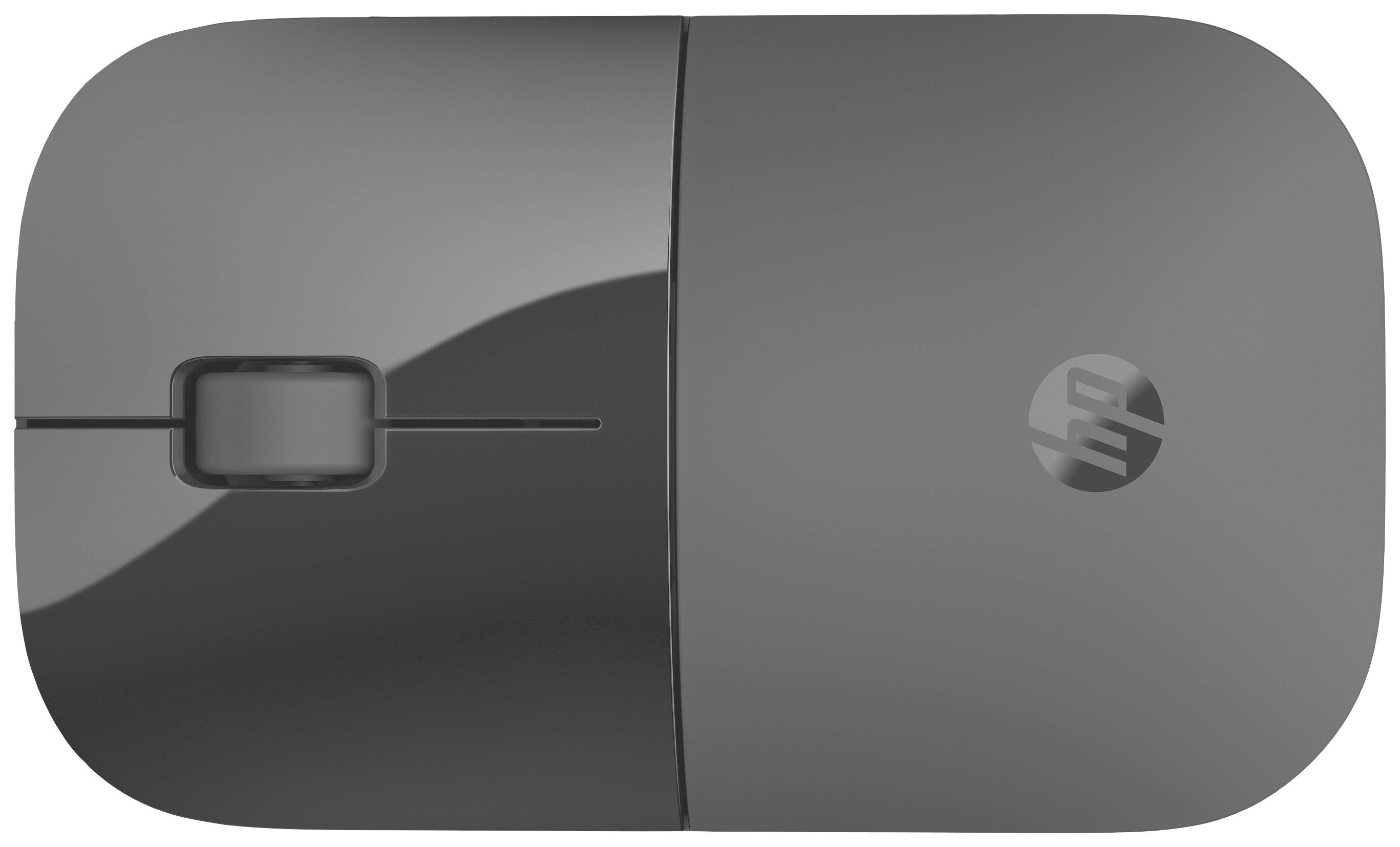 Souris d'ordinateur grise, rectangulaire, avec deux boutons et une molette de défilement ; marquée d'un logo stylisé sur le côté droit.