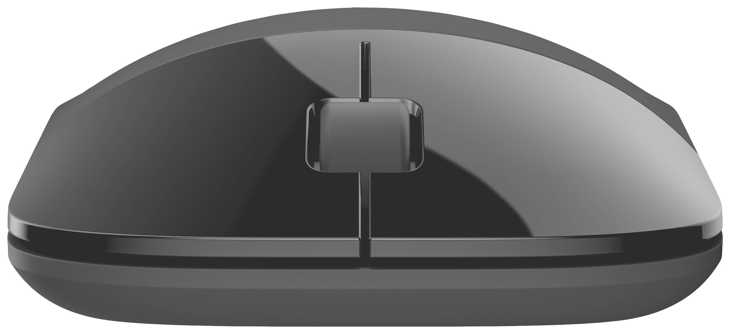 Une souris d'ordinateur noire vue de dessus, avec deux boutons et une molette de défilement au centre.