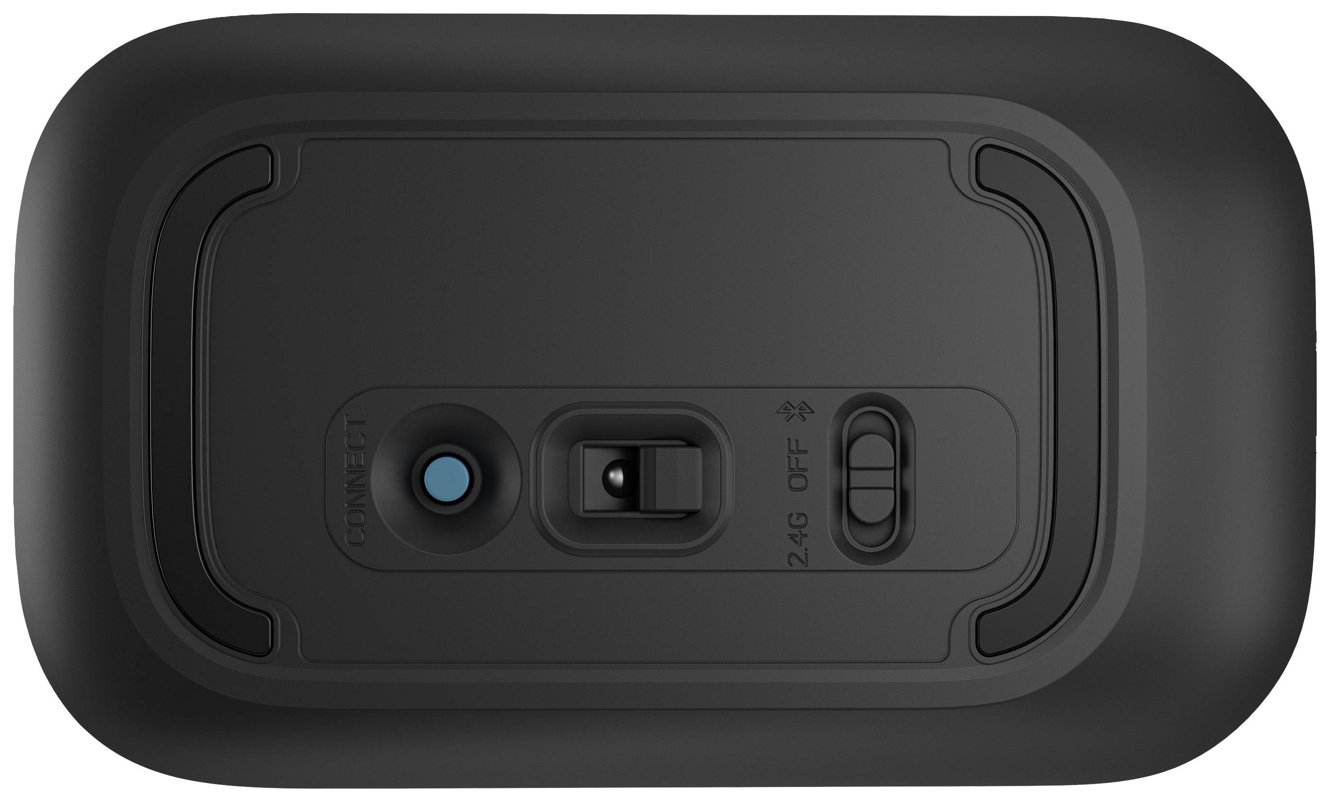 Dessous d'une souris sans fil avec un interrupteur coulissant pour 2,4 GHz et Bluetooth, ainsi qu'un bouton bleu.