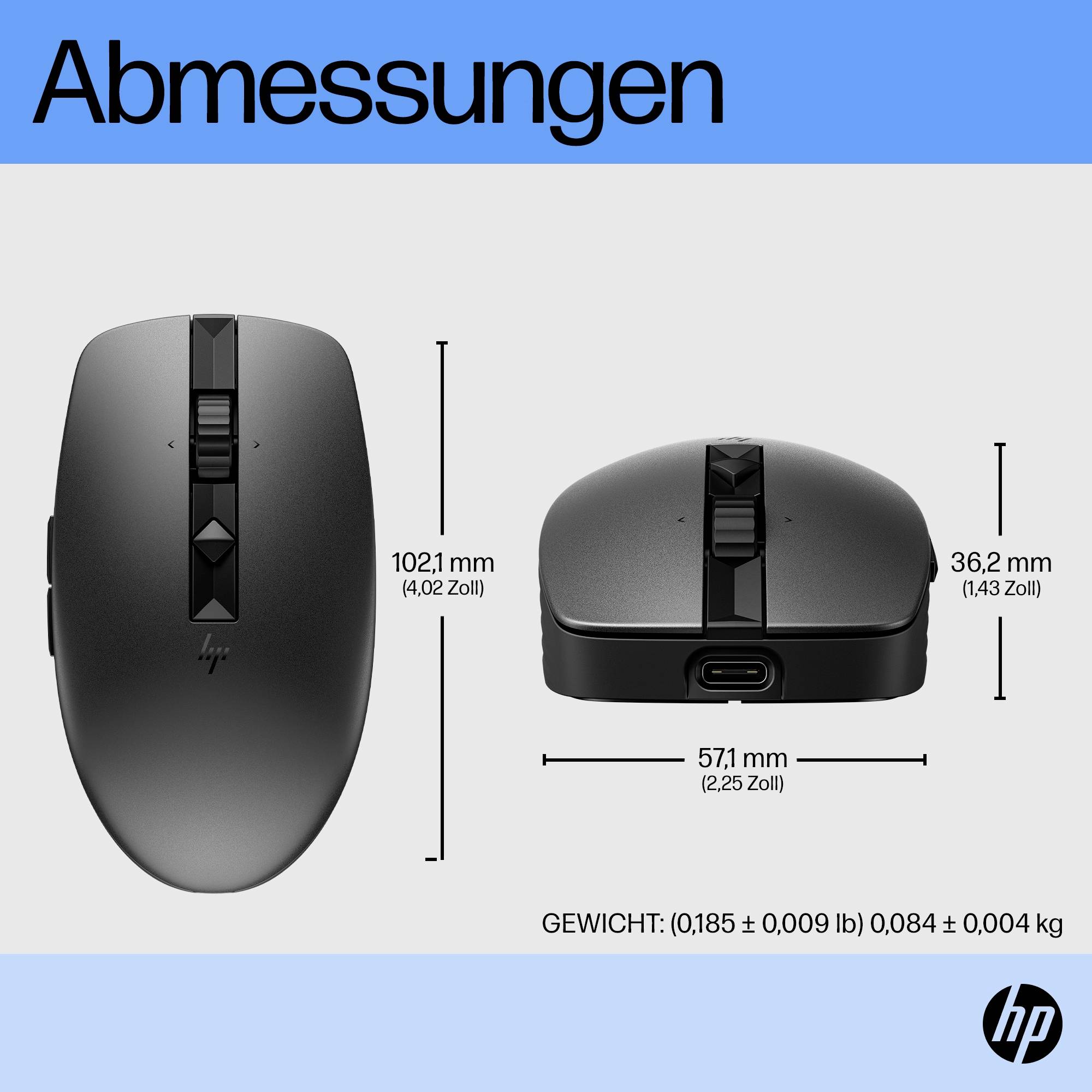 'Dimensions' montre une souris noire avec les mesures suivantes : 102,1 mm (4,02 pouces) de hauteur, 57,1 mm (2,25 pouces) de largeur, 36,2 mm (1,43 pouces) de profondeur. Poids : 0,185 ± 0,009 lb.