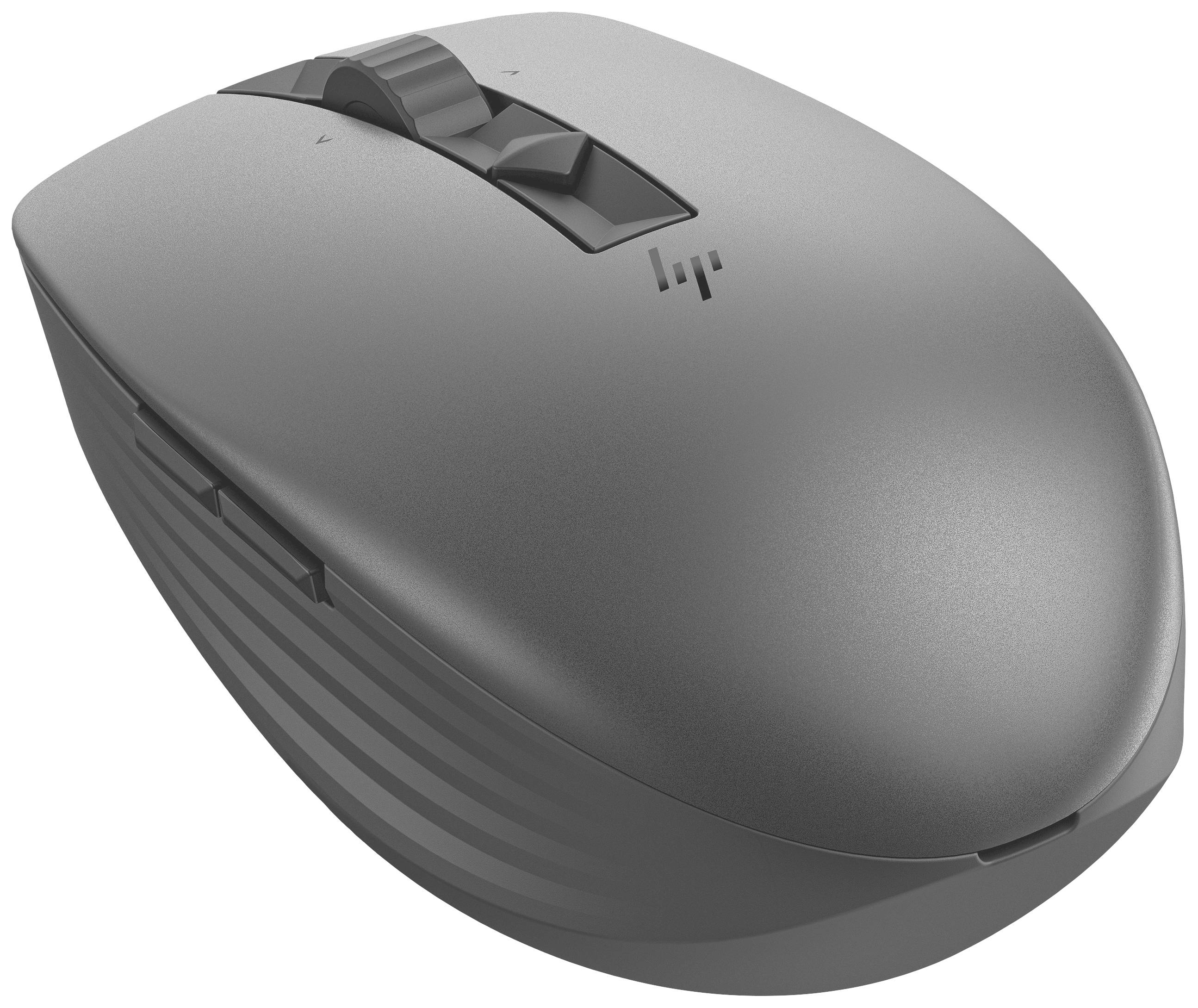 Souris d'ordinateur sans fil grise avec molette de défilement et deux boutons, adaptée à une utilisation avec des ordinateurs portables ou des ordinateurs de bureau.