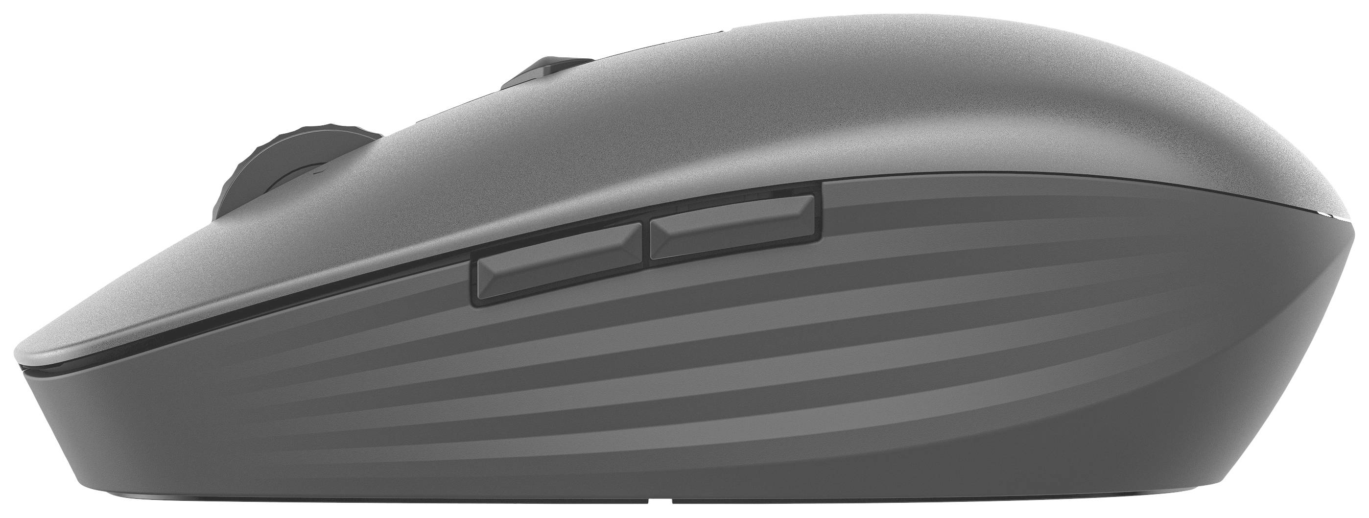 Une souris d'ordinateur sans fil vue de côté avec deux boutons supplémentaires. L'appareil présente un design moderne et aérodynamique.