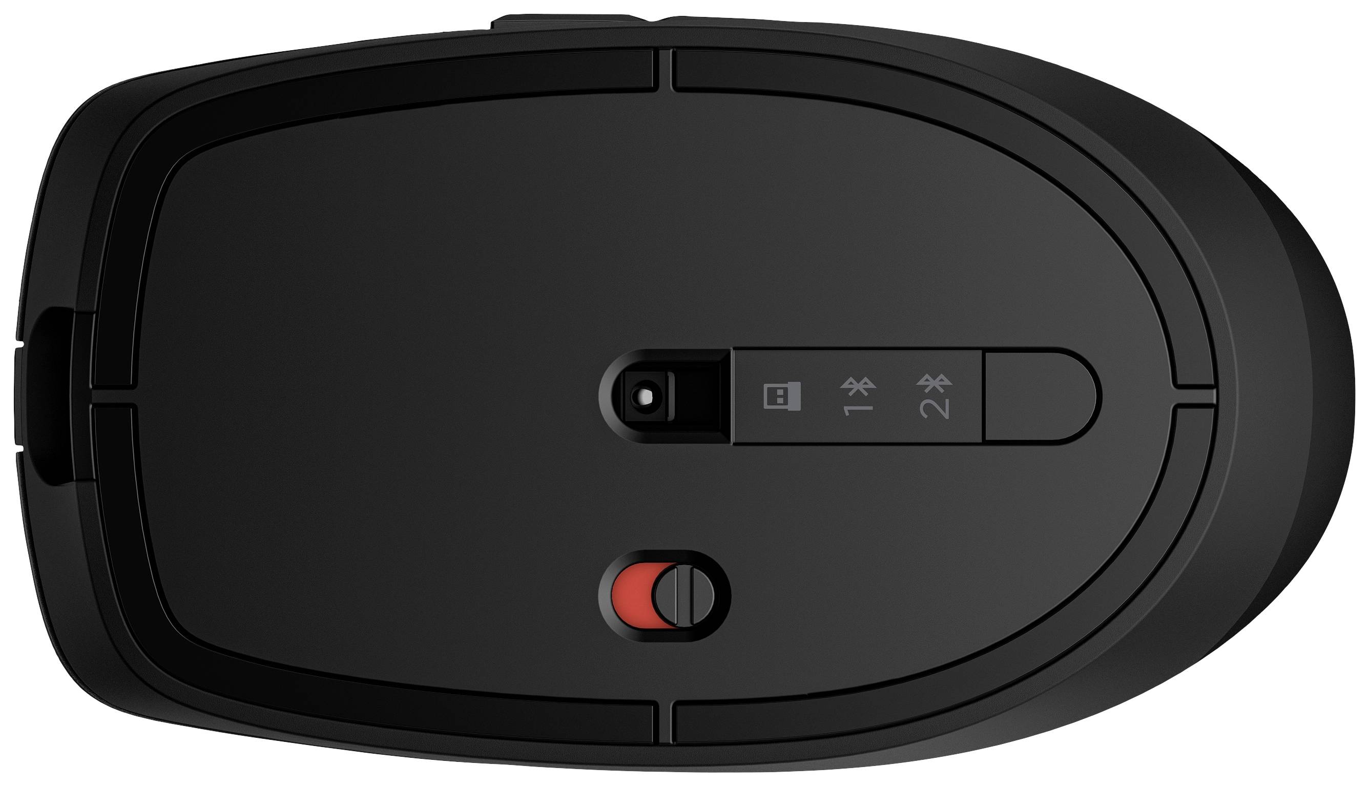 Souris d'ordinateur noire vue du dessous avec un bouton marche/arrêt rouge et un sélecteur de connexion entre '1' et '2'.