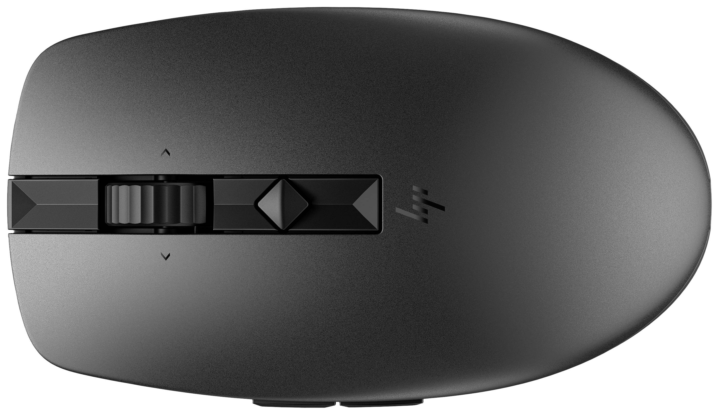 Souris d'ordinateur noire sans fil, vue de dessus, avec molette de défilement et deux boutons.