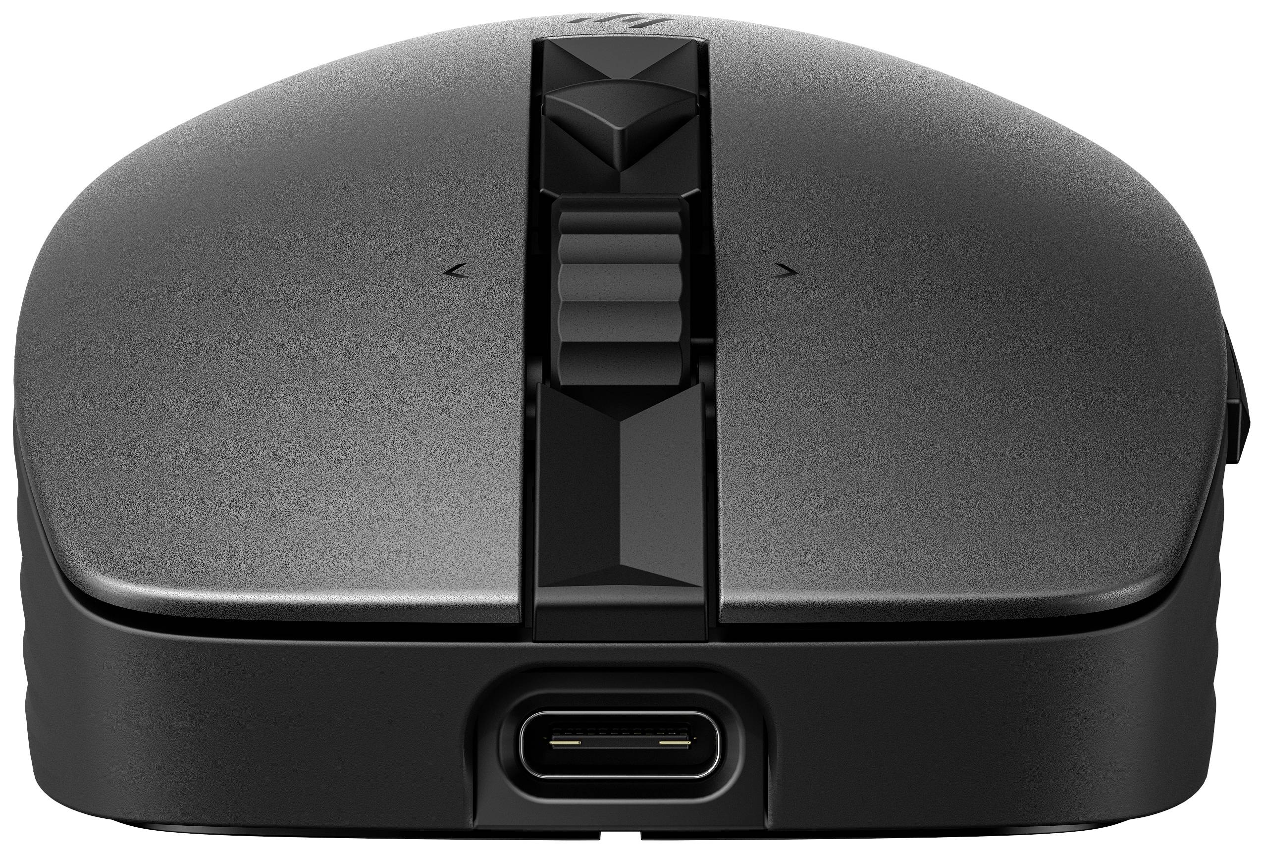 Souris d'ordinateur noire vue de face, avec une molette de défilement au centre et un port USB-C à l'avant.