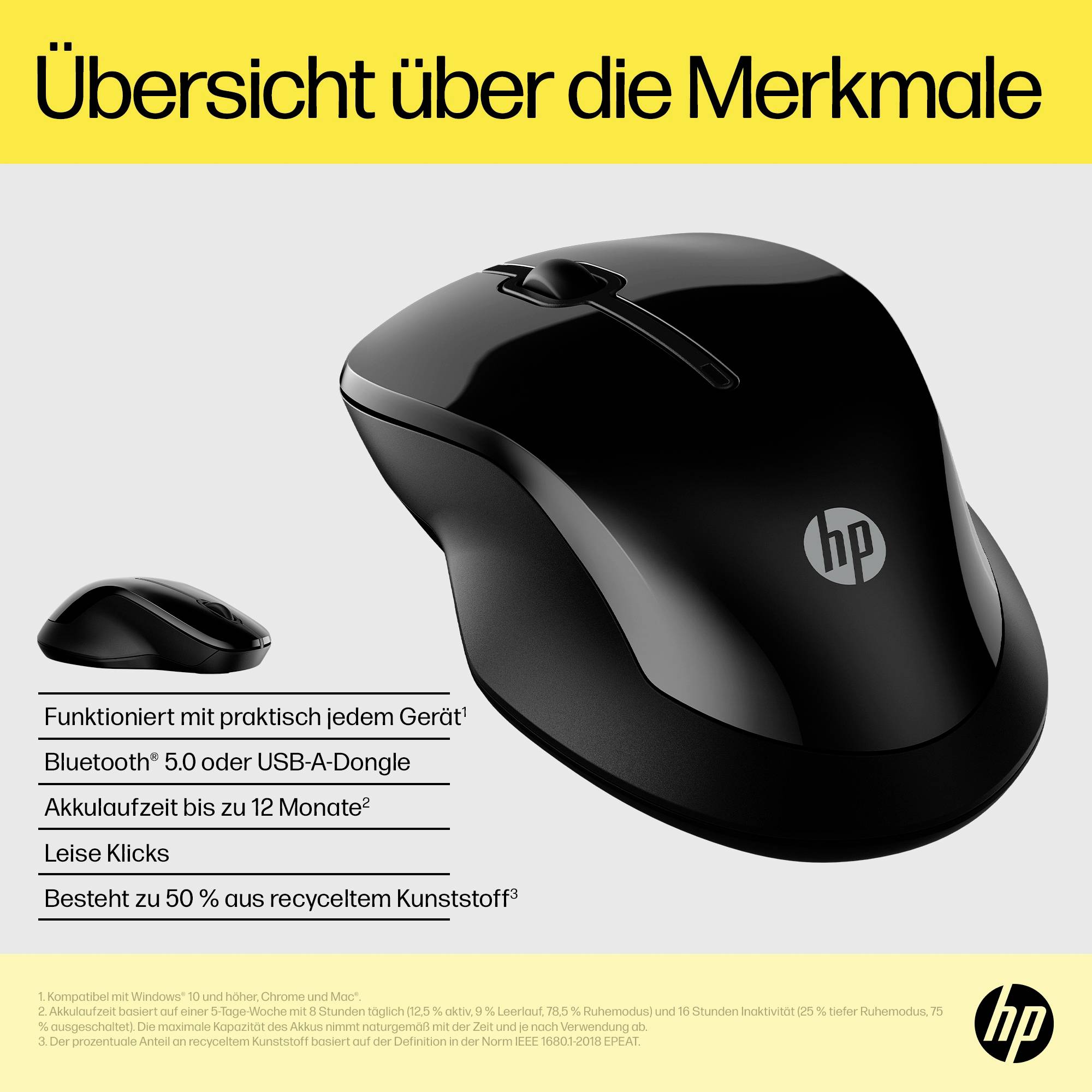 Souris d'ordinateur sans fil noire avec logo HP, caractéristiques principales : Bluetooth 5.0, clics silencieux, batterie jusqu'à 12 mois, matériaux recyclés.