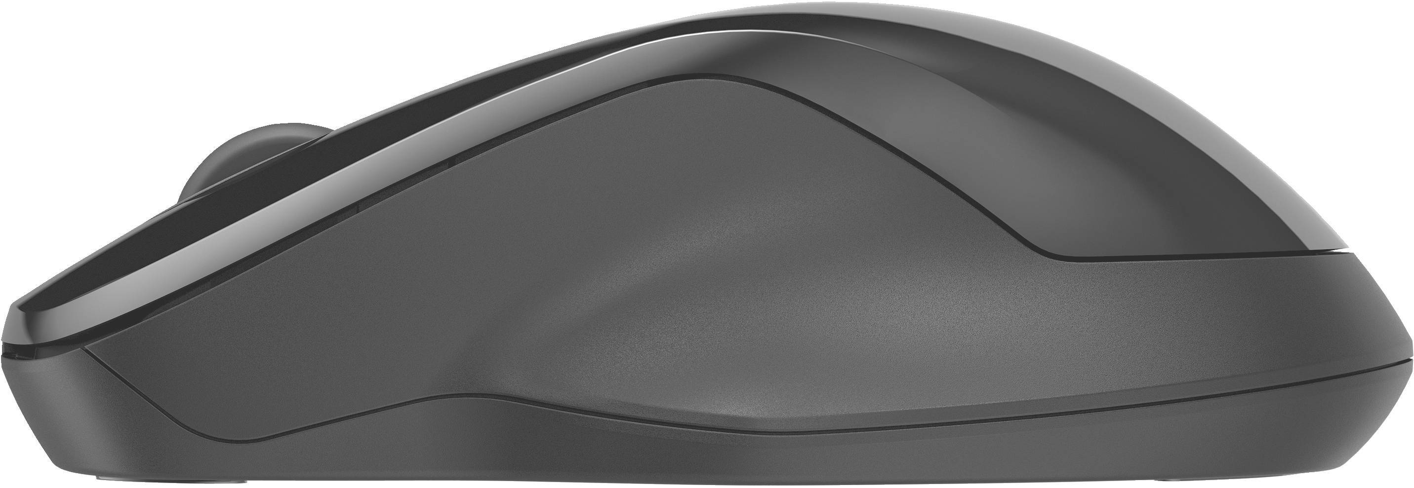 Souris d'ordinateur sans fil noire à la forme épurée et élégante, présentée de côté depuis la gauche, conçue pour un travail ergonomique.
