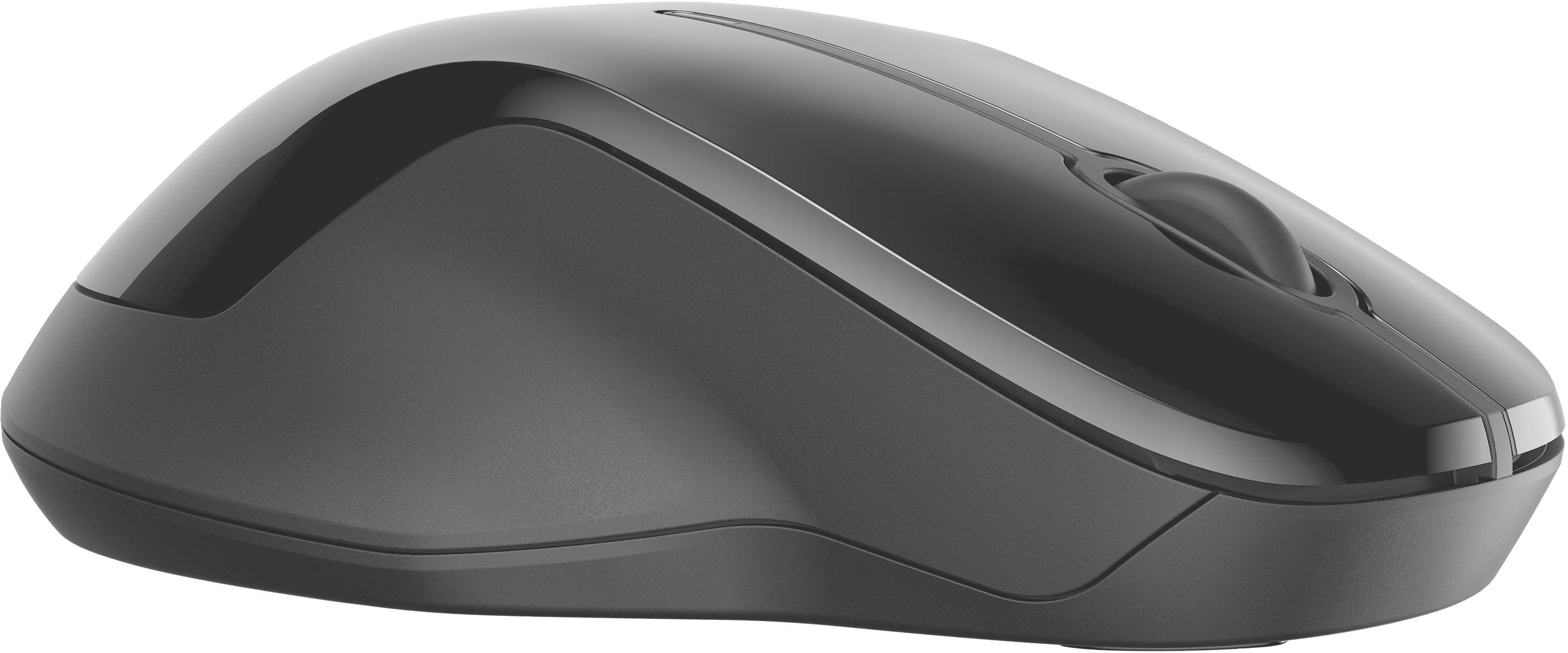 Souris d'ordinateur sans fil noire au design ergonomique et à molette de défilement, vue de côté. Adaptée pour un contrôle précis du curseur.