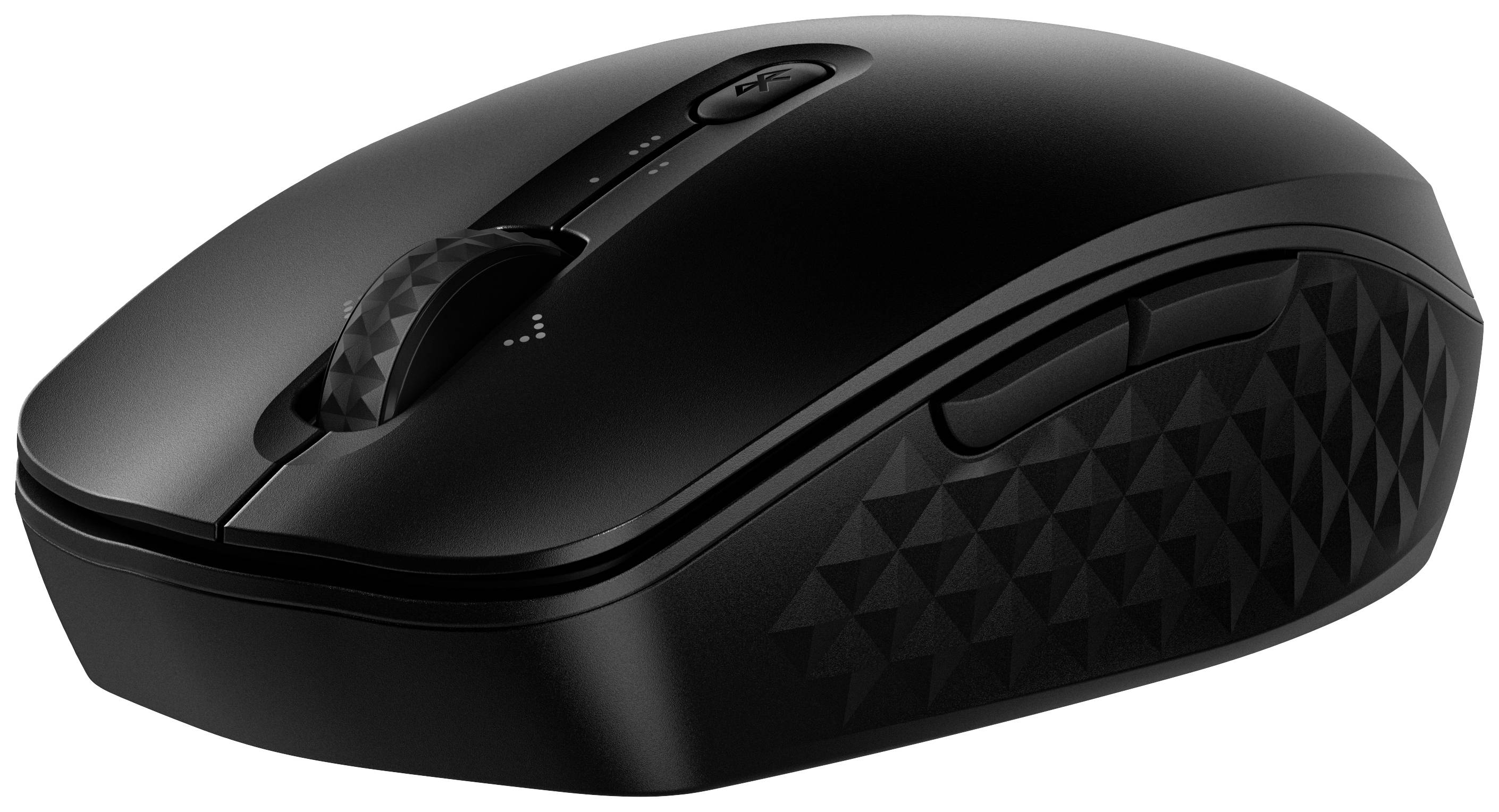 Souris d'ordinateur sans fil noire au design ergonomique avec une prise texturée sur le côté, adaptée à une utilisation confortable.