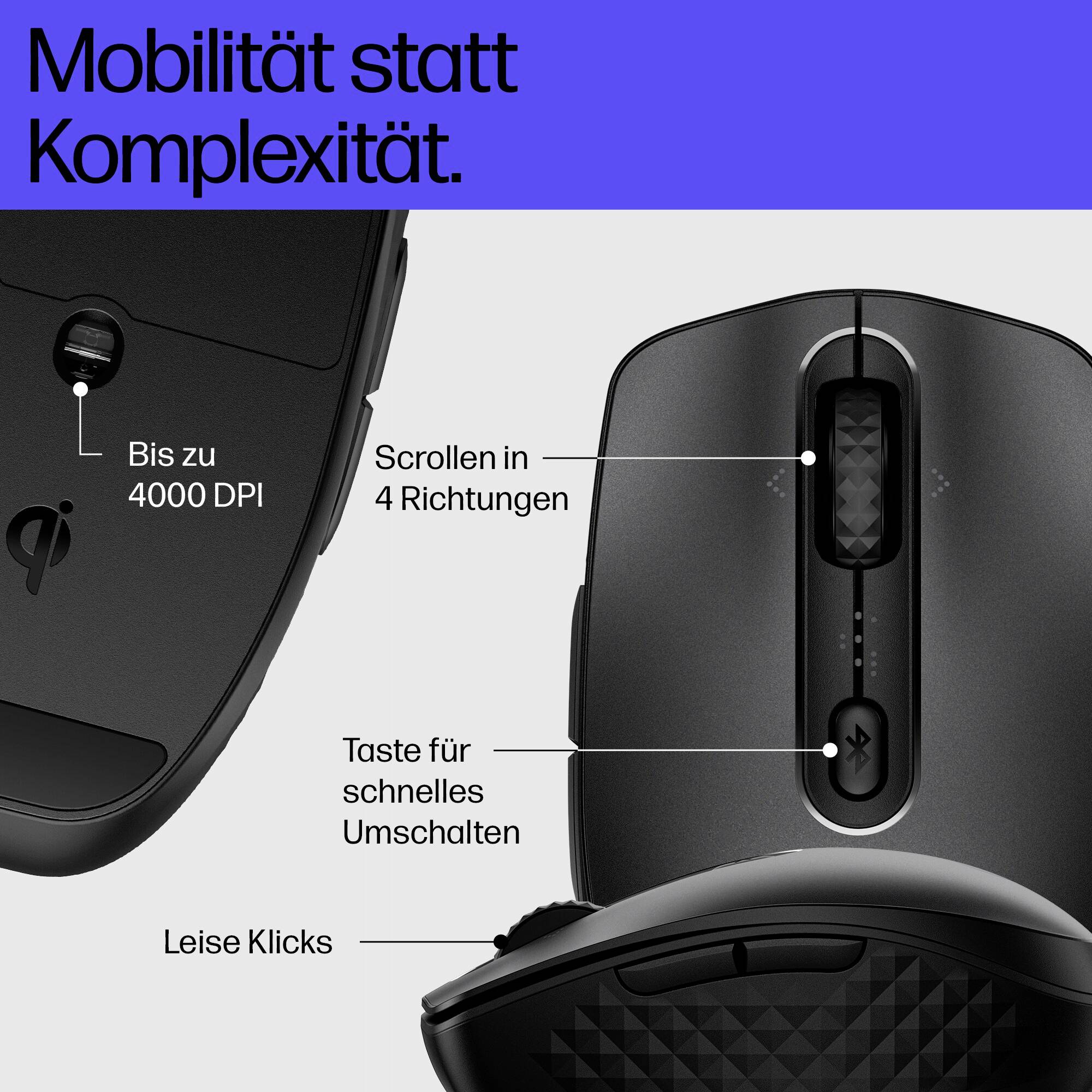 'Vue de dessus d'une souris avec molette de défilement. Texte : Mobilité plutôt que complexité, Clics silencieux, Défilement dans 4 directions, 4000 DPI.'