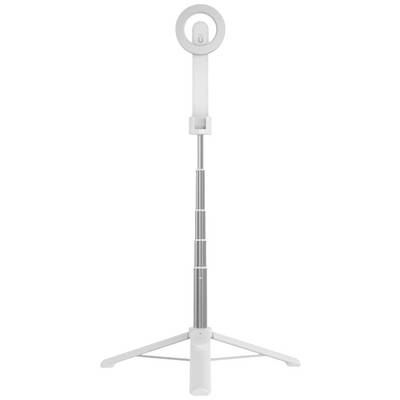 Un trépied blanc avec une tige télescopique et un support circulaire à son extrémité supérieure. Il repose sur un socle à trois pieds.