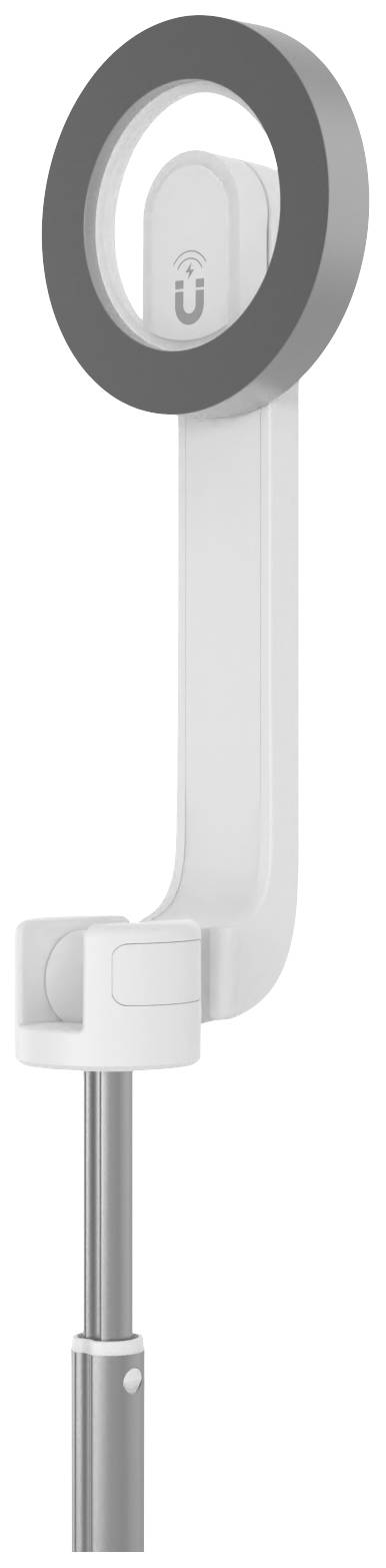 Support magnétique circulaire avec un symbole en forme de U au-dessus, fixé à un bras blanc, adapté pour l'installation sur une surface métallique.