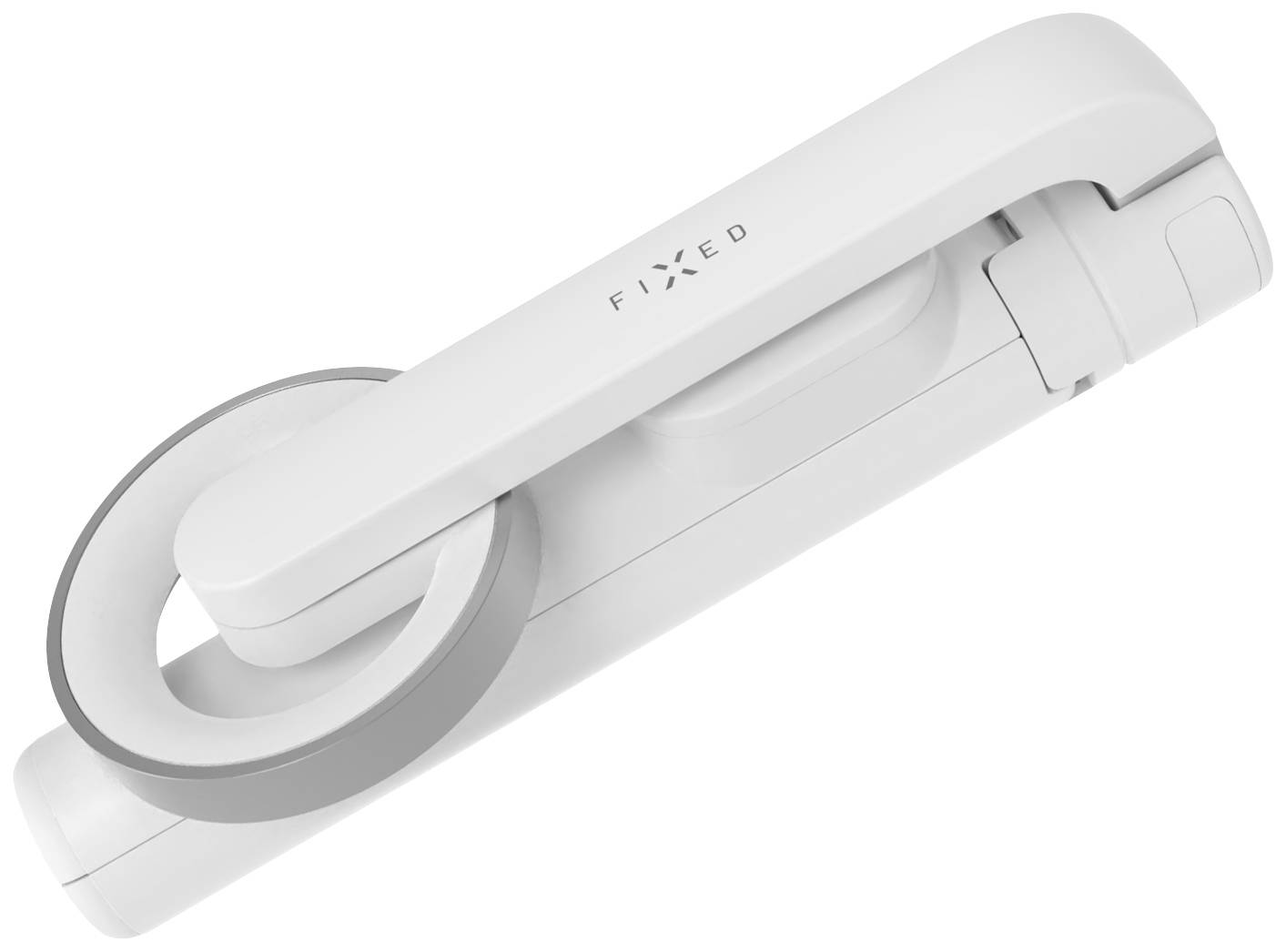 Dispositif blanc pliable avec un anneau gris, probablement un antivol de vélo. Marquage 'FIXED' sur la surface.