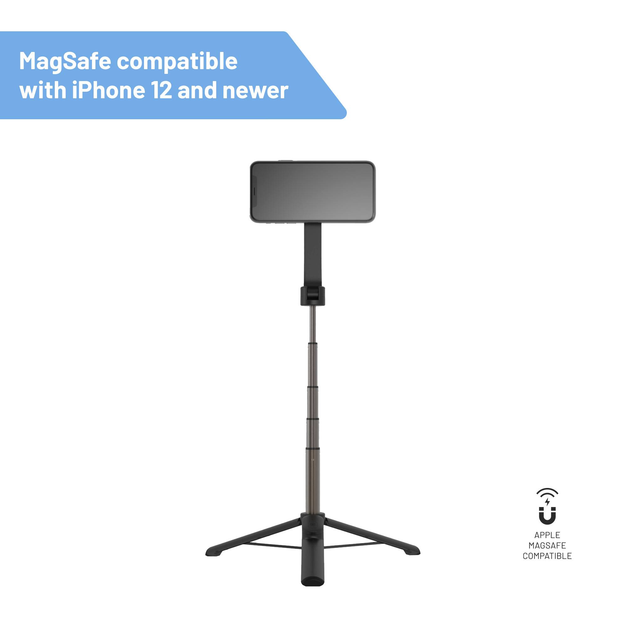 Un trépied avec un support de téléphone portant l'inscription 'Compatible MagSafe avec iPhone 12 et plus récent'. Compatible MagSafe.