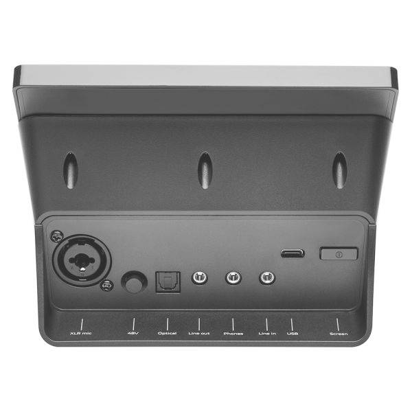 Prise encastrable avec différentes options de connexion : XLR micro, Optique, Sortie ligne, Phono, Entrée ligne, USB, Écran.