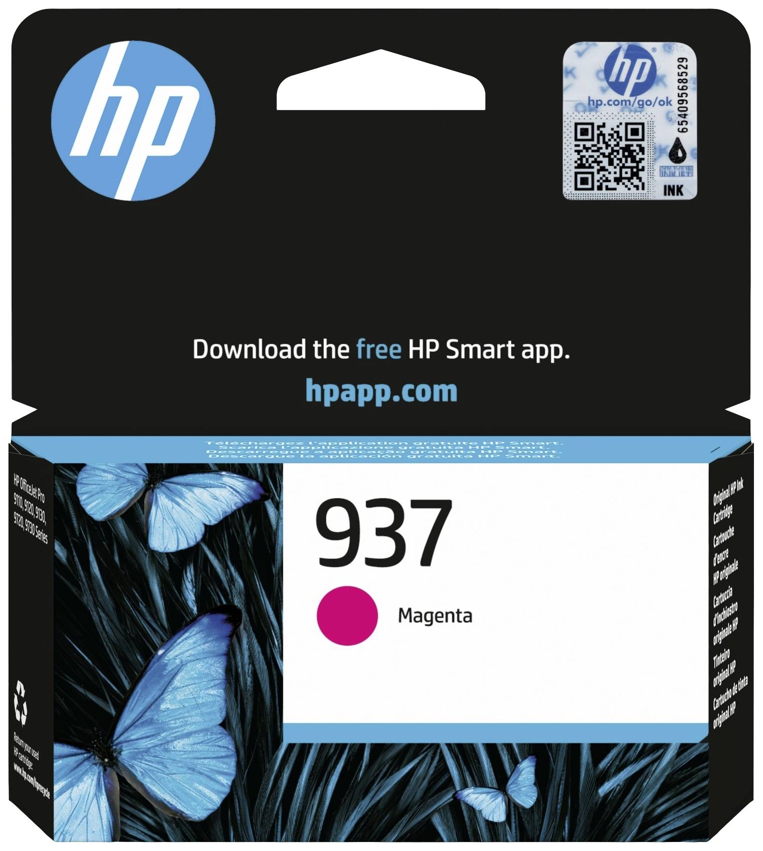 Cartouche d'encre HP 937 Magenta, emballage avec design de papillon. Code QR pour télécharger l'application HP Smart et lien du site web 'hpapp.com'.