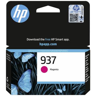 Cartouche d'encre HP 937 Magenta, emballage avec design de papillon. Code QR pour télécharger l'application HP Smart et lien du site web 'hpapp.com'.