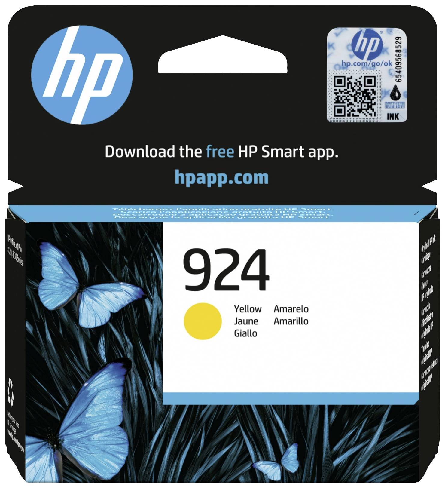 Cartouche d'encre HP 924, jaune. Affichage du téléchargement de l'application HP Smart gratuite. Le design de l'emballage présente des papillons bleus.
