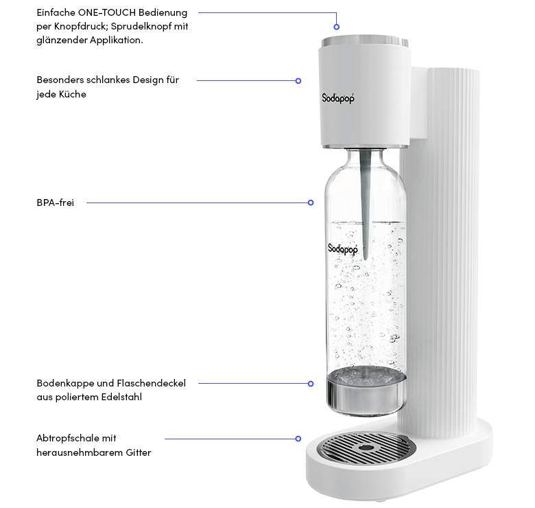 Un distributeur d'eau gazeuse au design élégant et à commande tactile. Comprend une grille d'égouttement amovible, sans BPA, avec des composants en acier inoxydable.