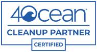 Logo portant l'inscription 'Ocean Cleanup Partner' et 'Certified', à côté d'un cercle de vagues stylisé comme symbole.