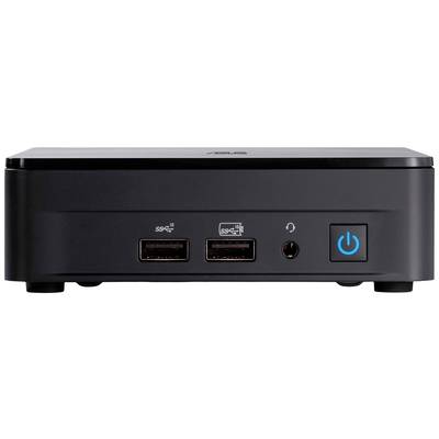 Mini-PC noir avec ports USB, prise casque et bouton d'alimentation à rétroéclairage bleu sur la façade avant.