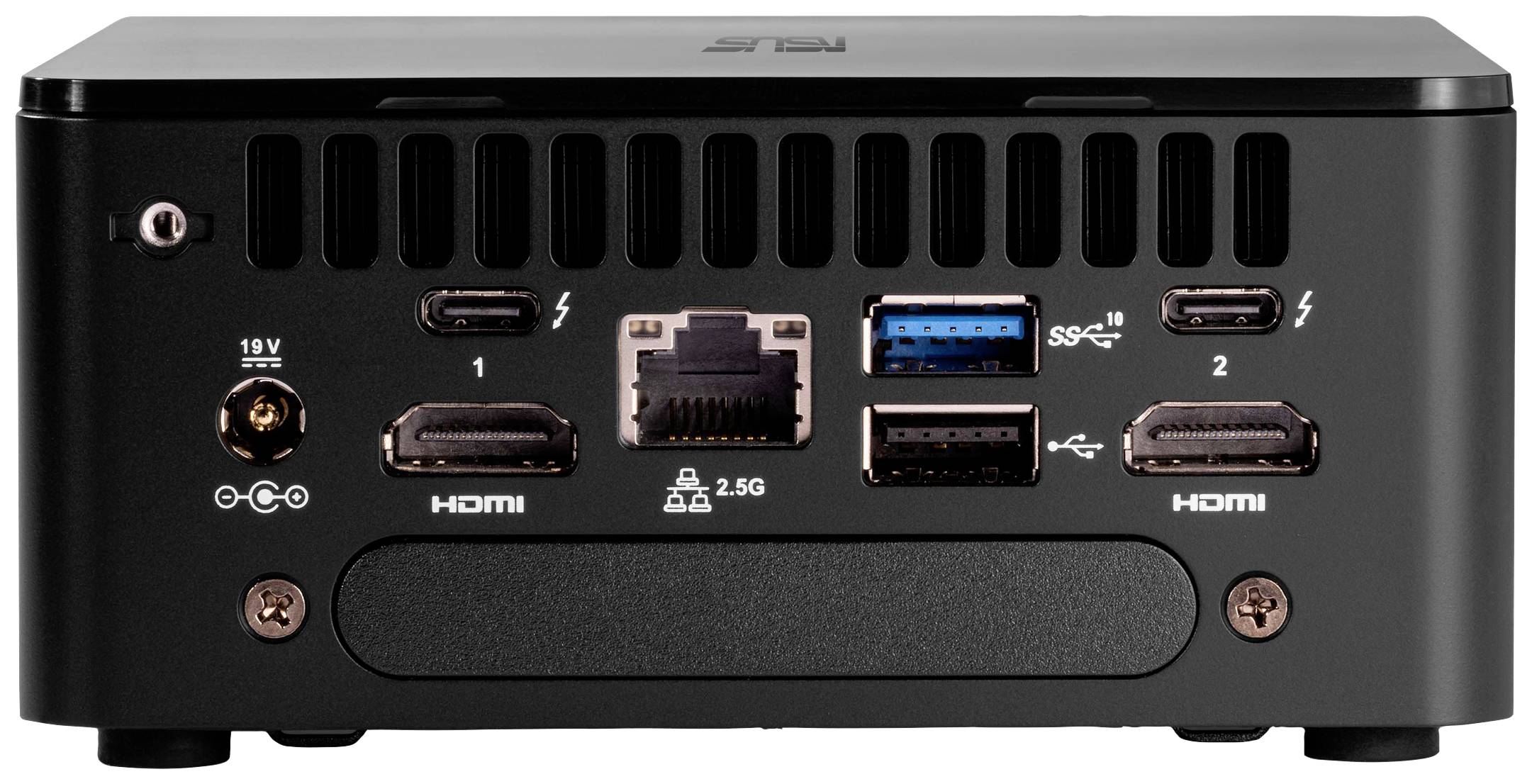 Le dos d'un ordinateur compact avec plusieurs ports : deux HDMI, deux USB, Ethernet, port d'alimentation et Thunderbolt.
