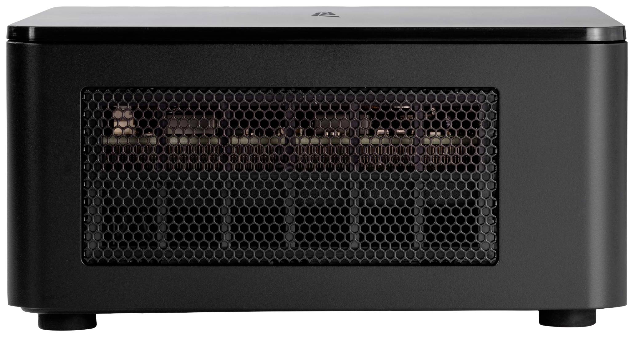 Un appareil noir rectangulaire avec une grille à l'avant, laissant entrevoir des composants internes. Possible chauffage soufflant.