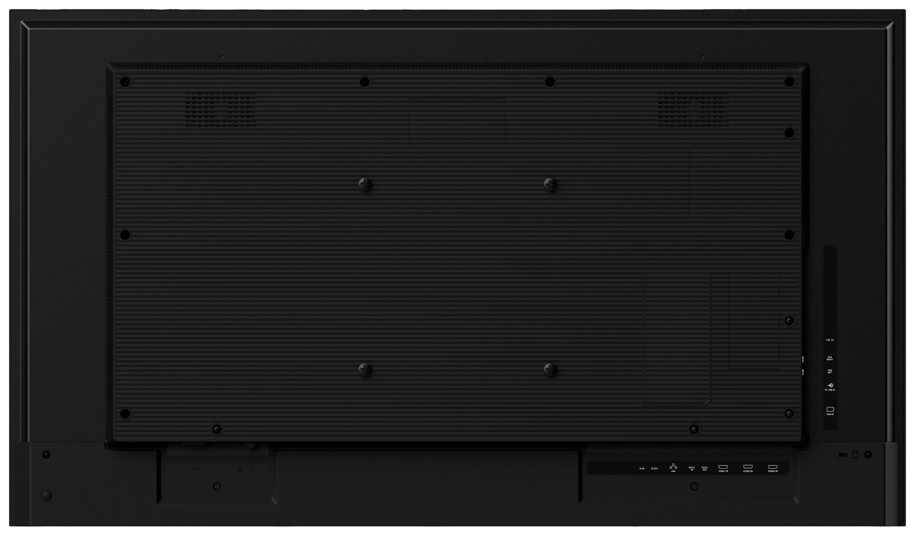 Le dos d'un téléviseur avec des connecteurs situés dans le coin inférieur droit. La surface est noire et rectangulaire.