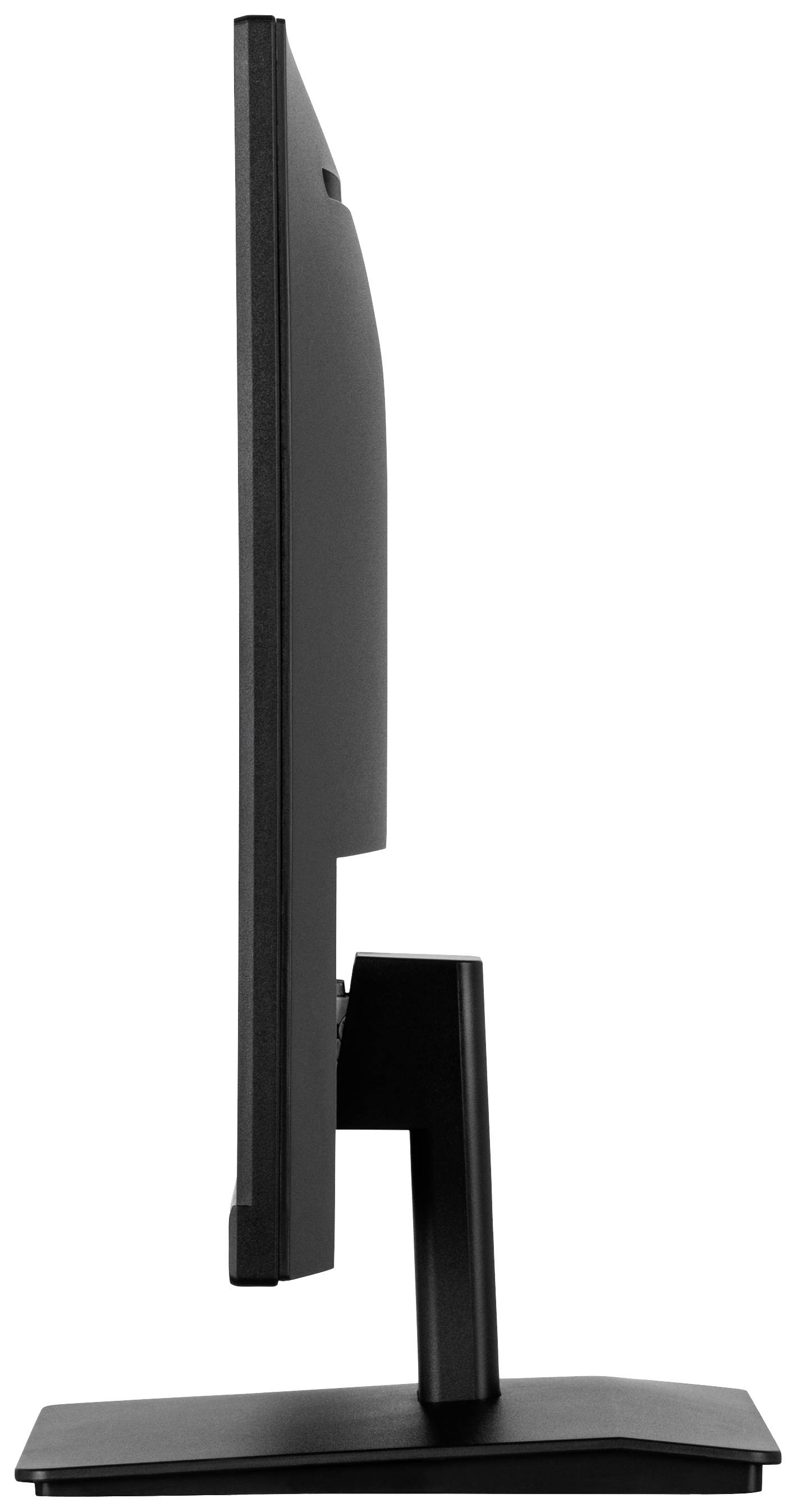 Vue latérale d'un moniteur d'ordinateur noir sur un socle rectangulaire, montrant le profil élégant et le design de l'écran.