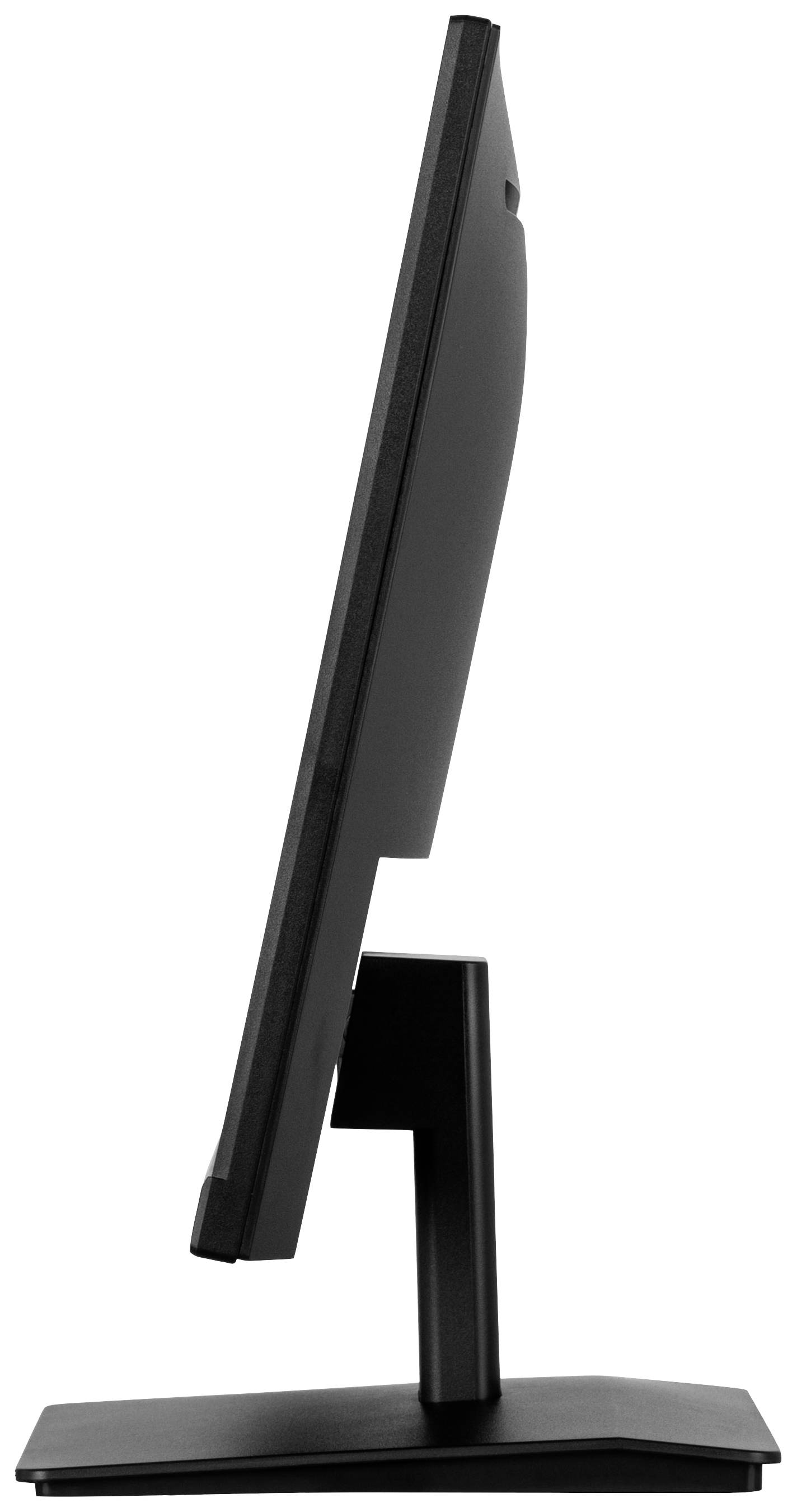 Un moniteur d'ordinateur noir vu de côté, au design fin, monté sur un socle stable.